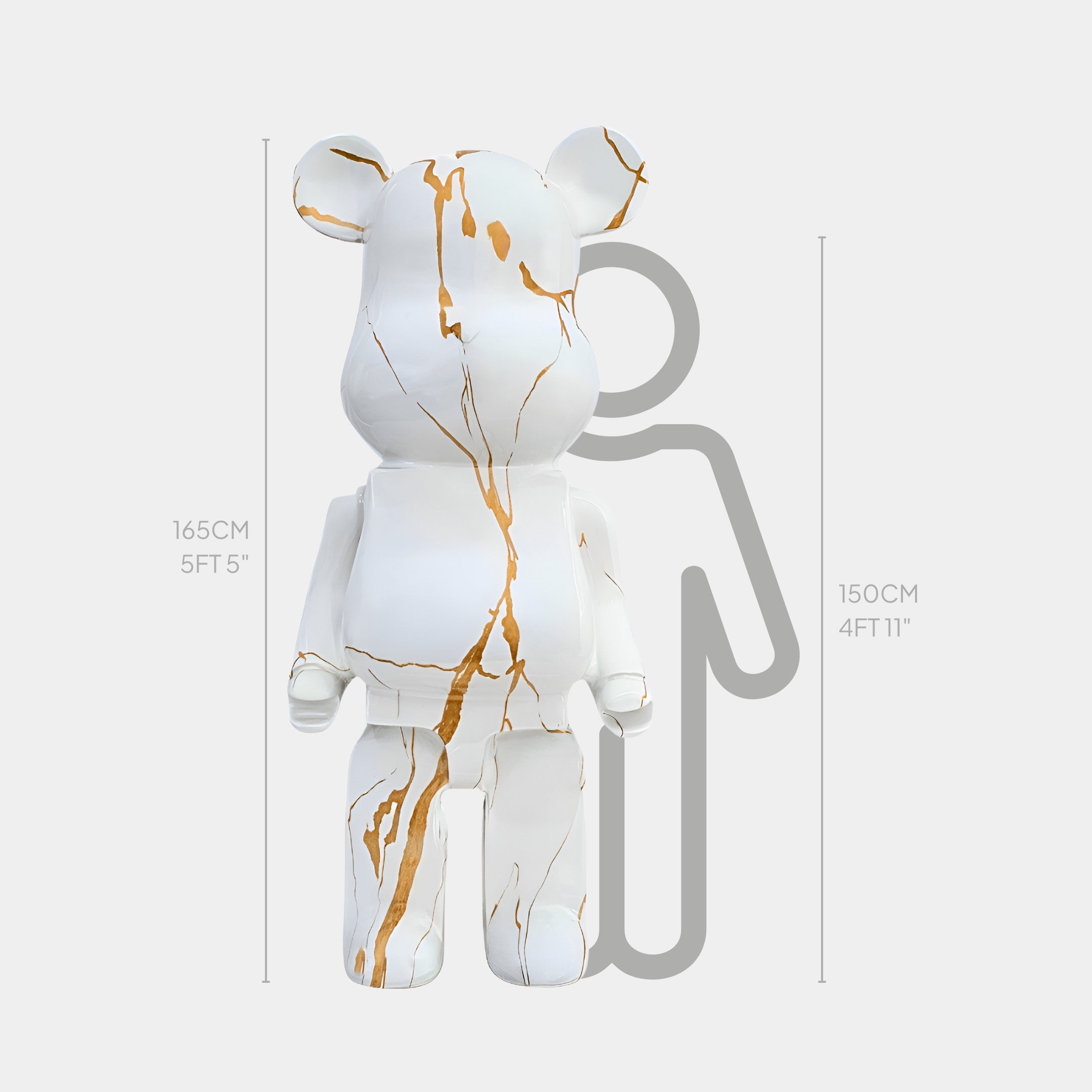 A grand 165cm tall sculpture featuring a white bear design with intricate golden streaks. The front-facing view highlights the smooth surface and detailed golden accents running down the face and body, providing an elegant contrast against the white backdrop. The bear's playful yet minimalist appearance makes it a striking piece for modern interiors.