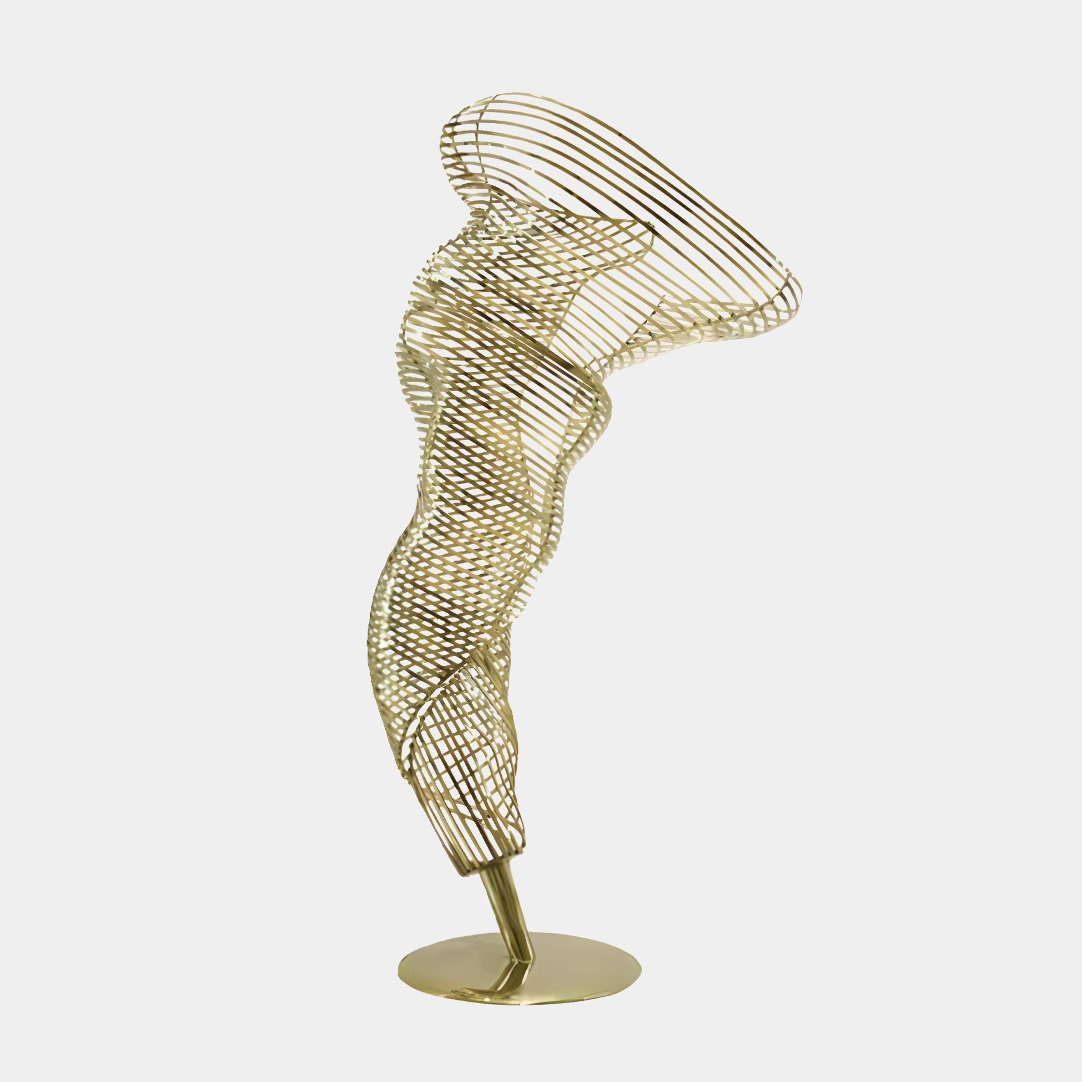 The Tornado Gold Organic Steel Sculpture - 152cm by Giant Sculptures is a contemporary abstract piece crafted from intertwined golden metal wires, creating a dynamic, curved shape. It stands on a round base and resembles a twisted, elongated figure with an airy, lattice-like design.