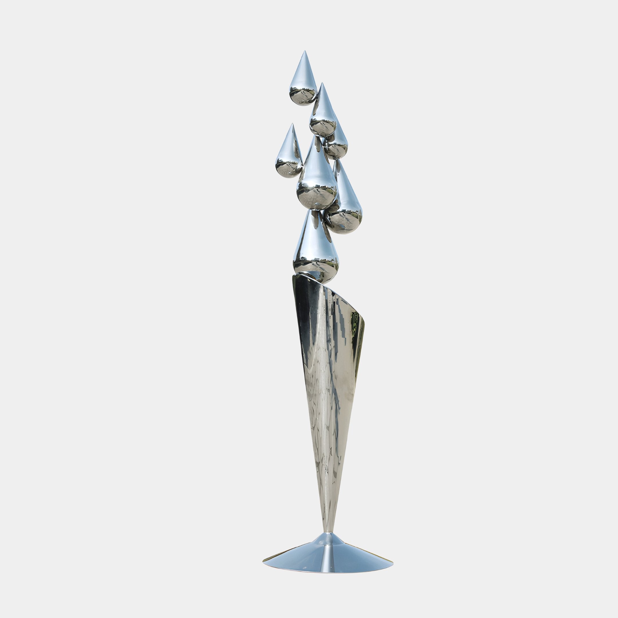 The Giant Sculptures Teardrop Abstract Steel Outdoor Sculpture stands 215cm tall with polished stainless steel cone and teardrop shapes on a conical base, offering a smooth, reflective surface for an elegant modern look.