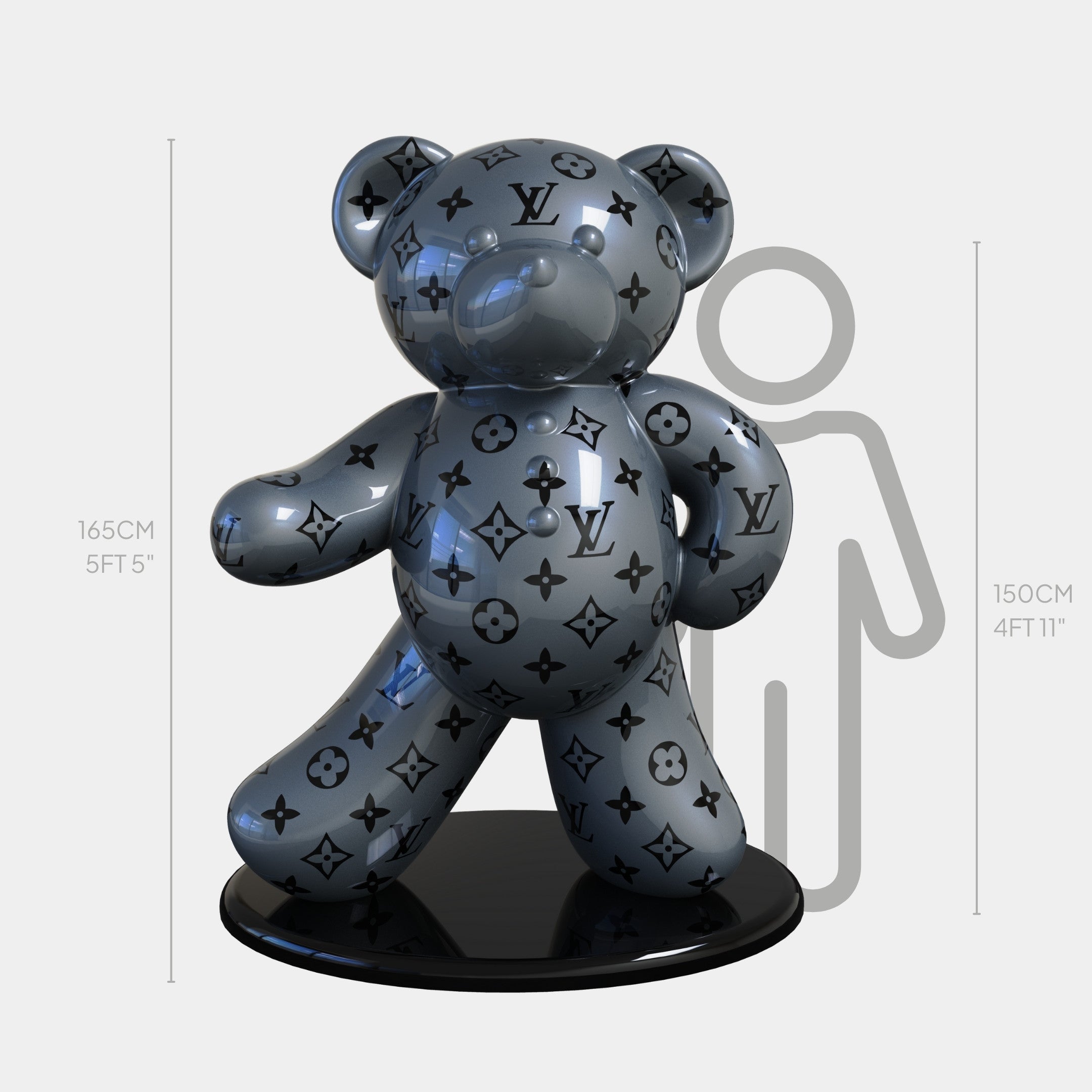 The Gacko Grey LV Bear Sculpture by Giant Sculptures, inspired by André Gackos Limited Edition Pop Art, stands at 165 cm tall on a black base. This shiny, metallic masterpiece adorned with luxury brand motifs towers over a 150 cm silhouette, highlighting its striking presence.