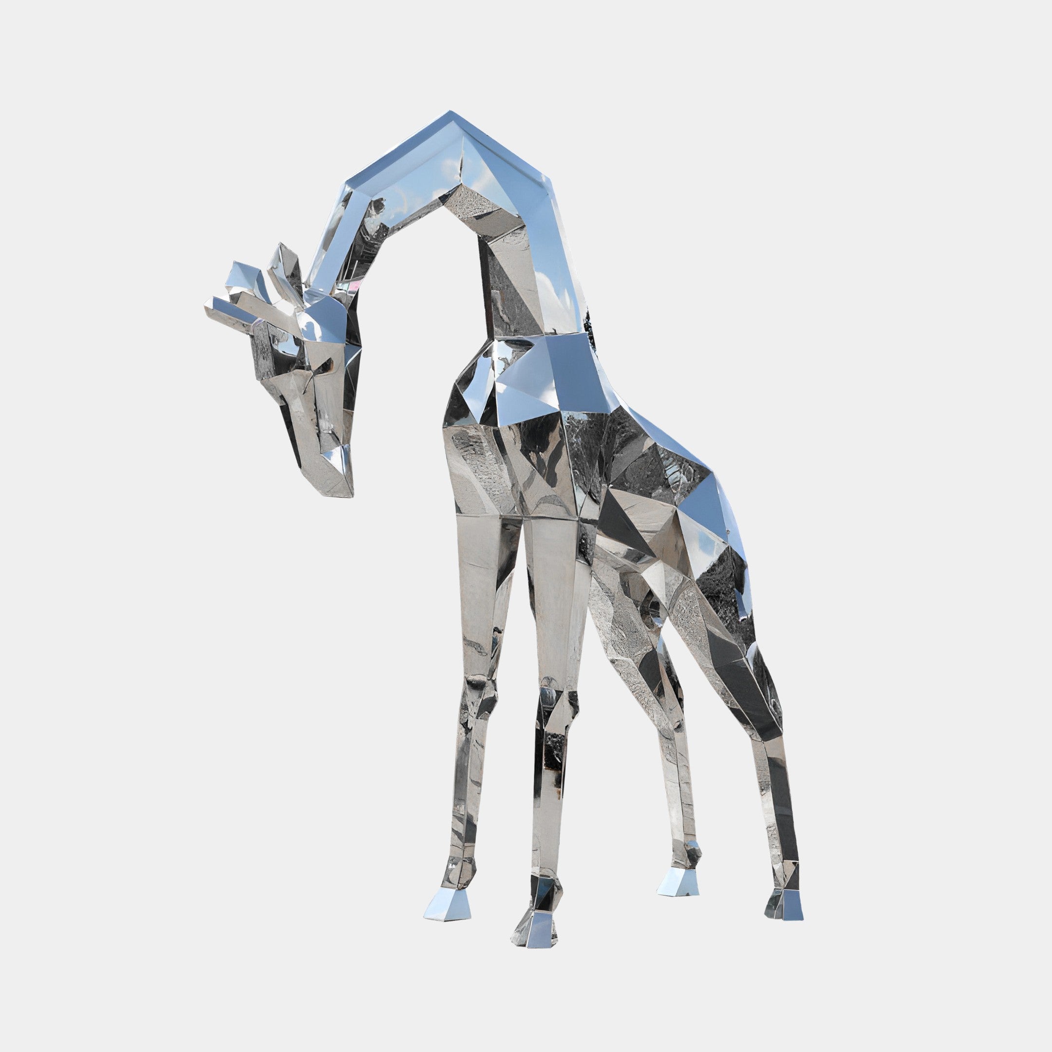 The Giraffe Geometric Steel Outdoor Sculpture by Giant Sculptures stands against a white background, showcasing its silver, stainless steel construction with faceted surfaces. Measuring 181cm tall, its head is tilted slightly downward to highlight the angular, polygonal design that reflects light beautifully.