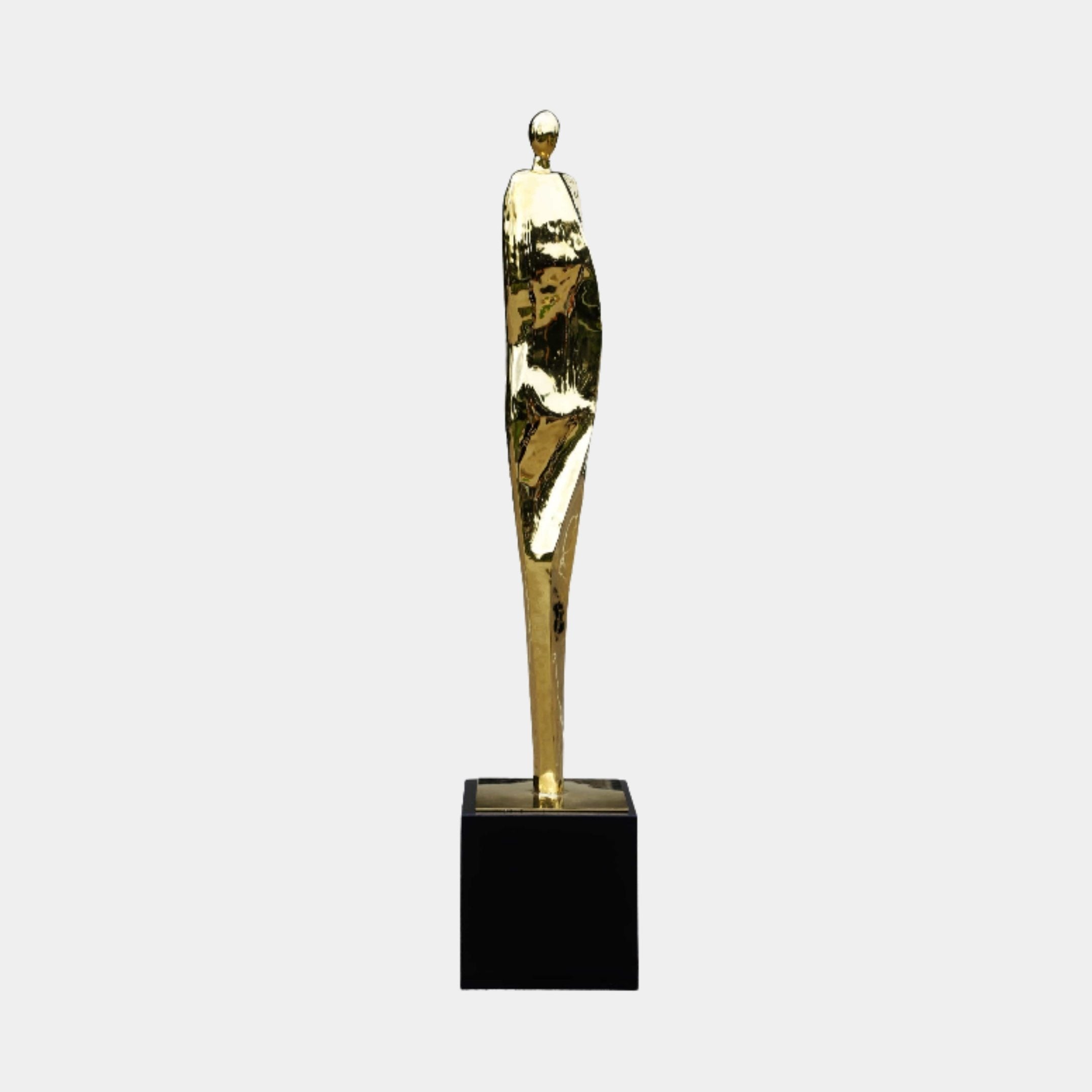 Gold Slender Standing Figure on Black Marble Base Metal Sculpture - 181cm
