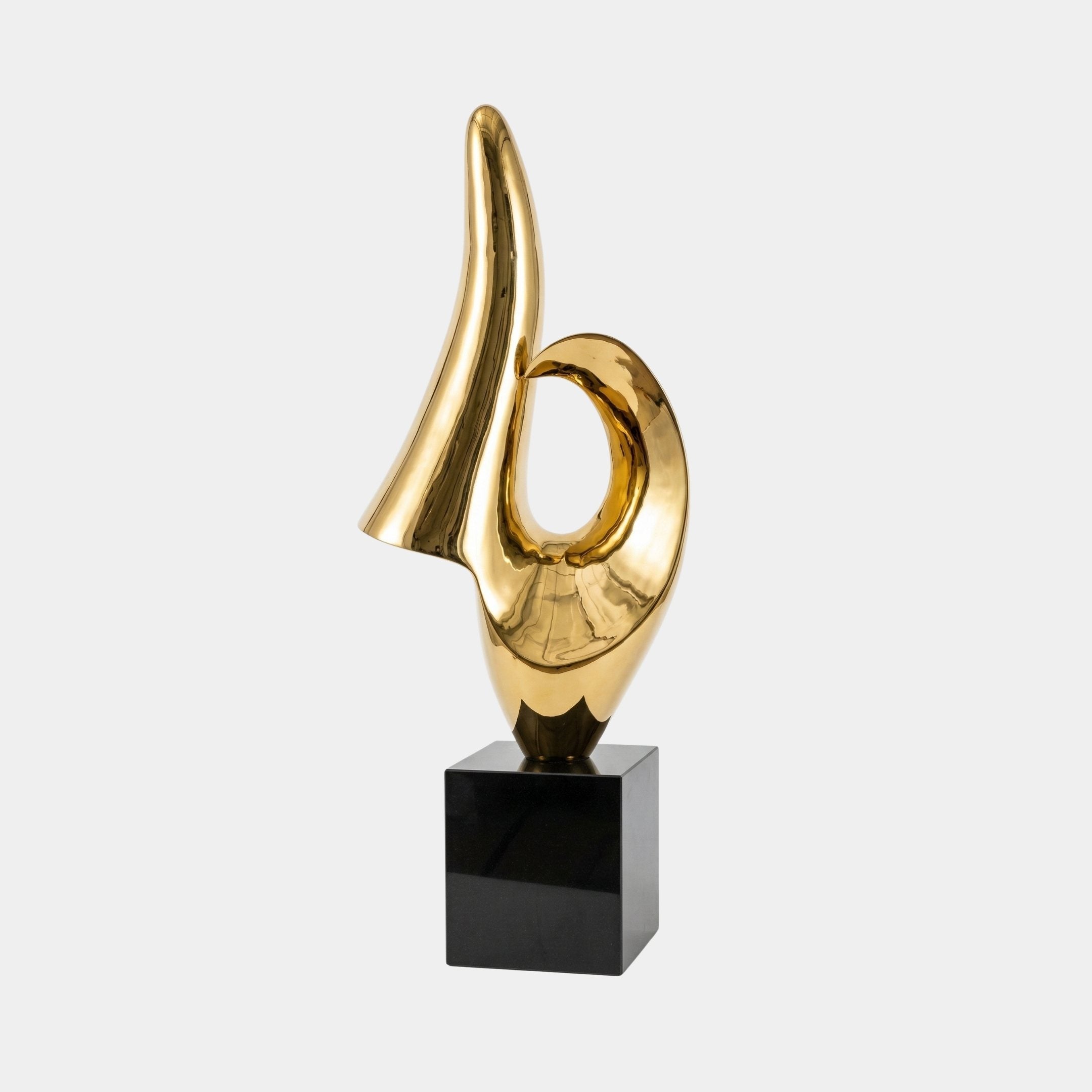 Gold Abstract Ribbon Sculpture on Black Base Stainless Steel Sculpture - 176cm
