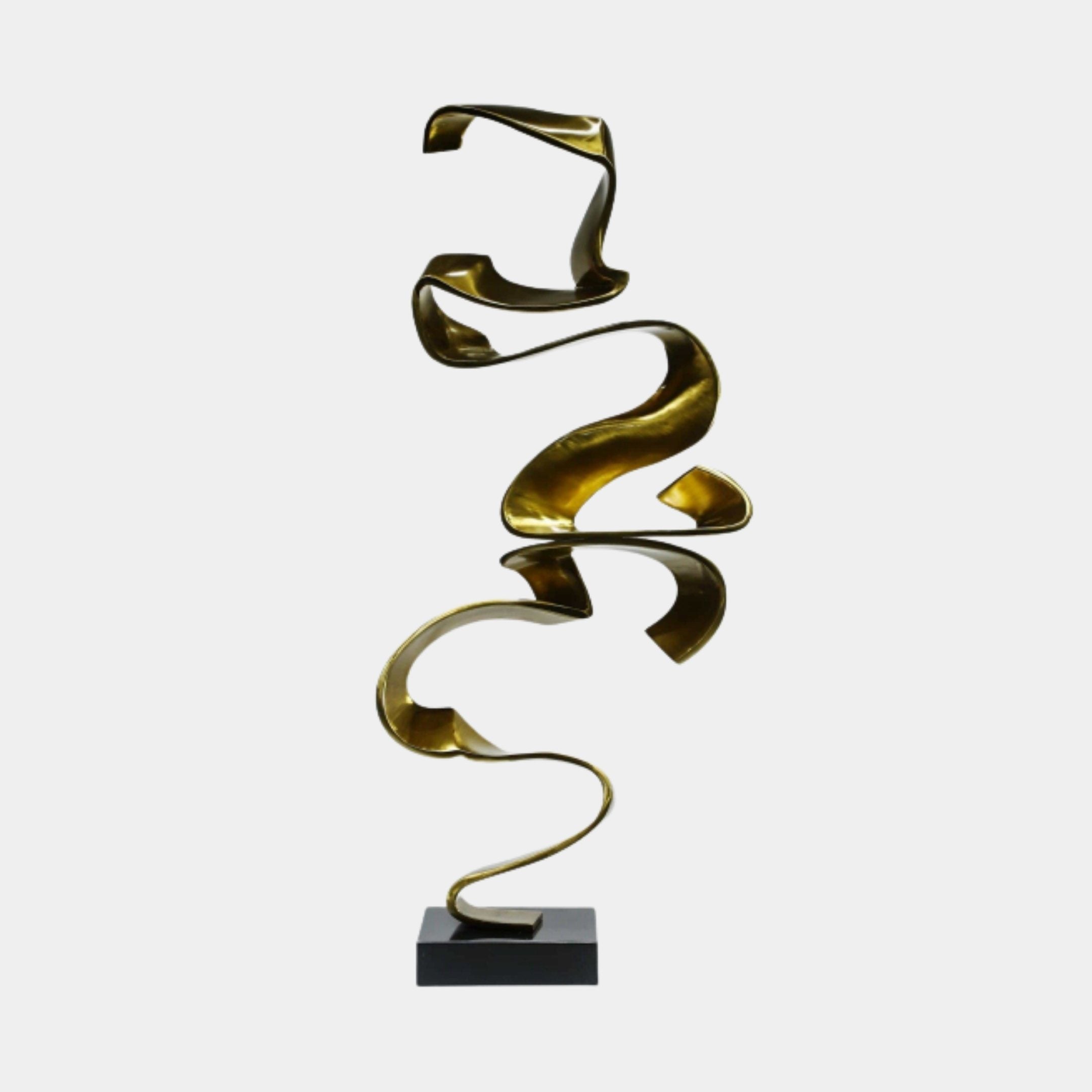 Gold Flowing Ribbon Spiral on Black Base Stainless Steel Sculpture - 123cm