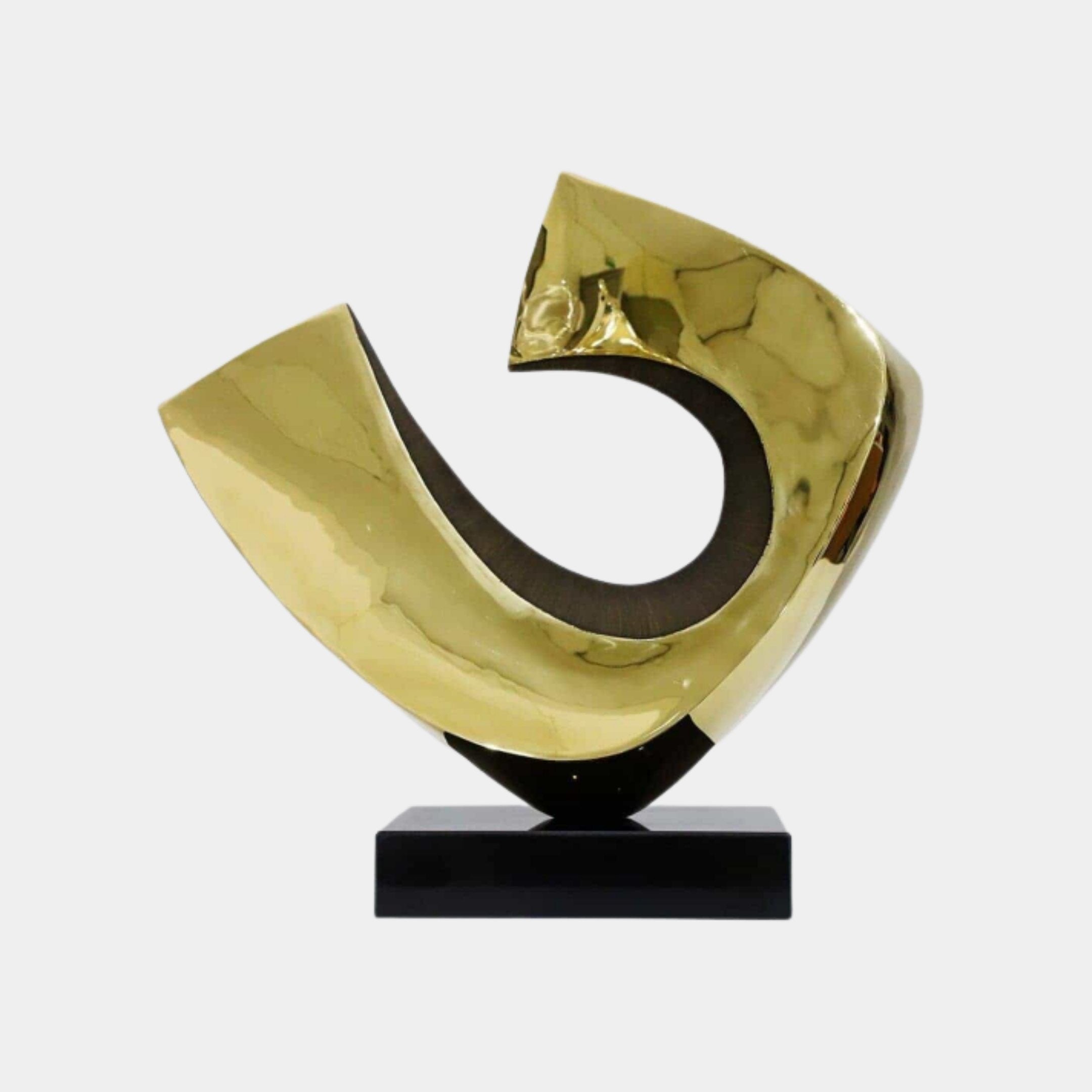 Gold Polished Abstract Curl on Black Base Metal Sculpture - 59cm