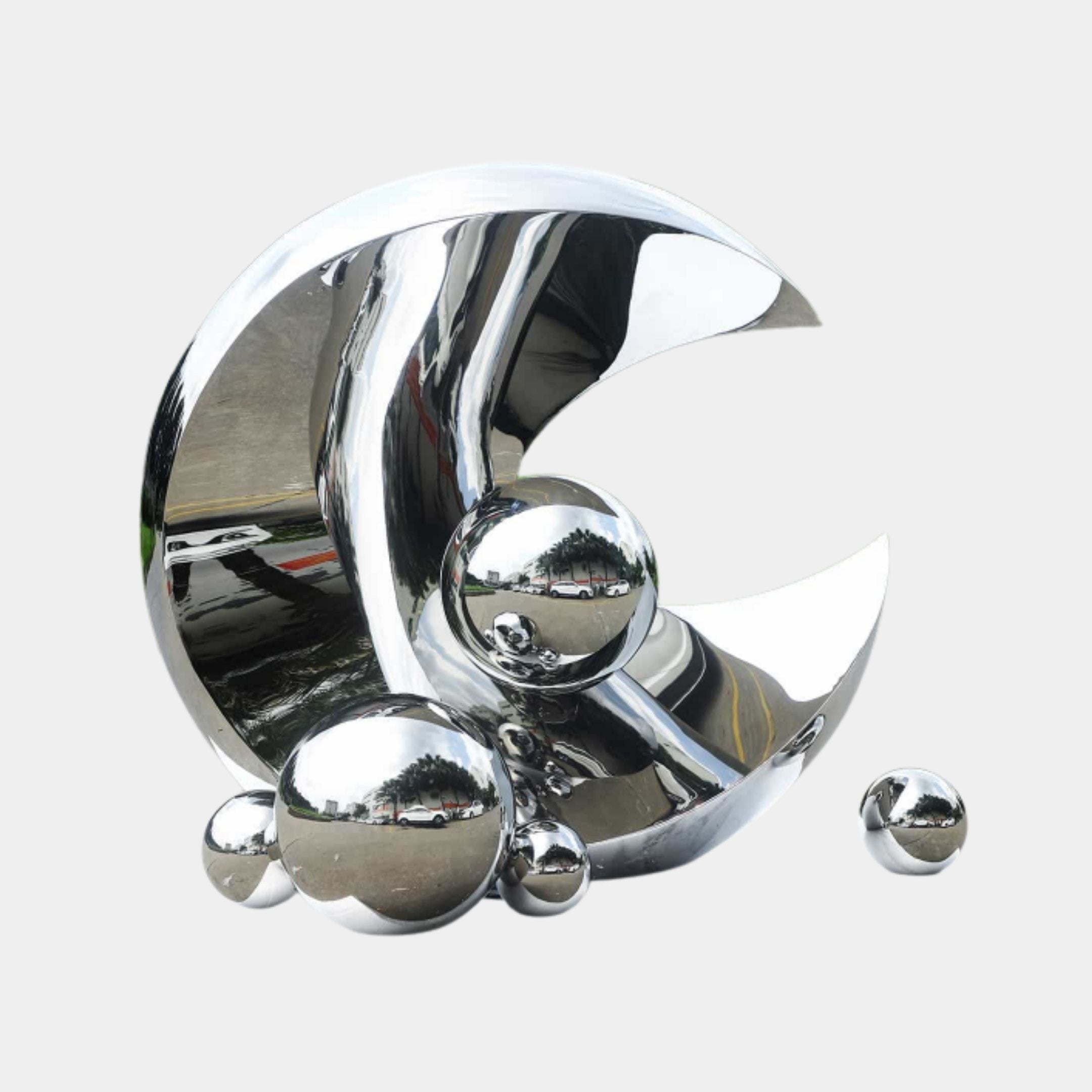 Silver Crescent Moon with Spheres Sculpture - 250cm