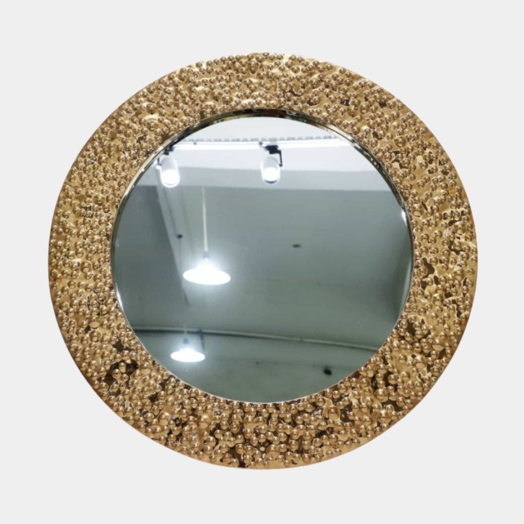 Gold Pebble-Framed Round Mirror Stainless Steel Sculpture - 110cm