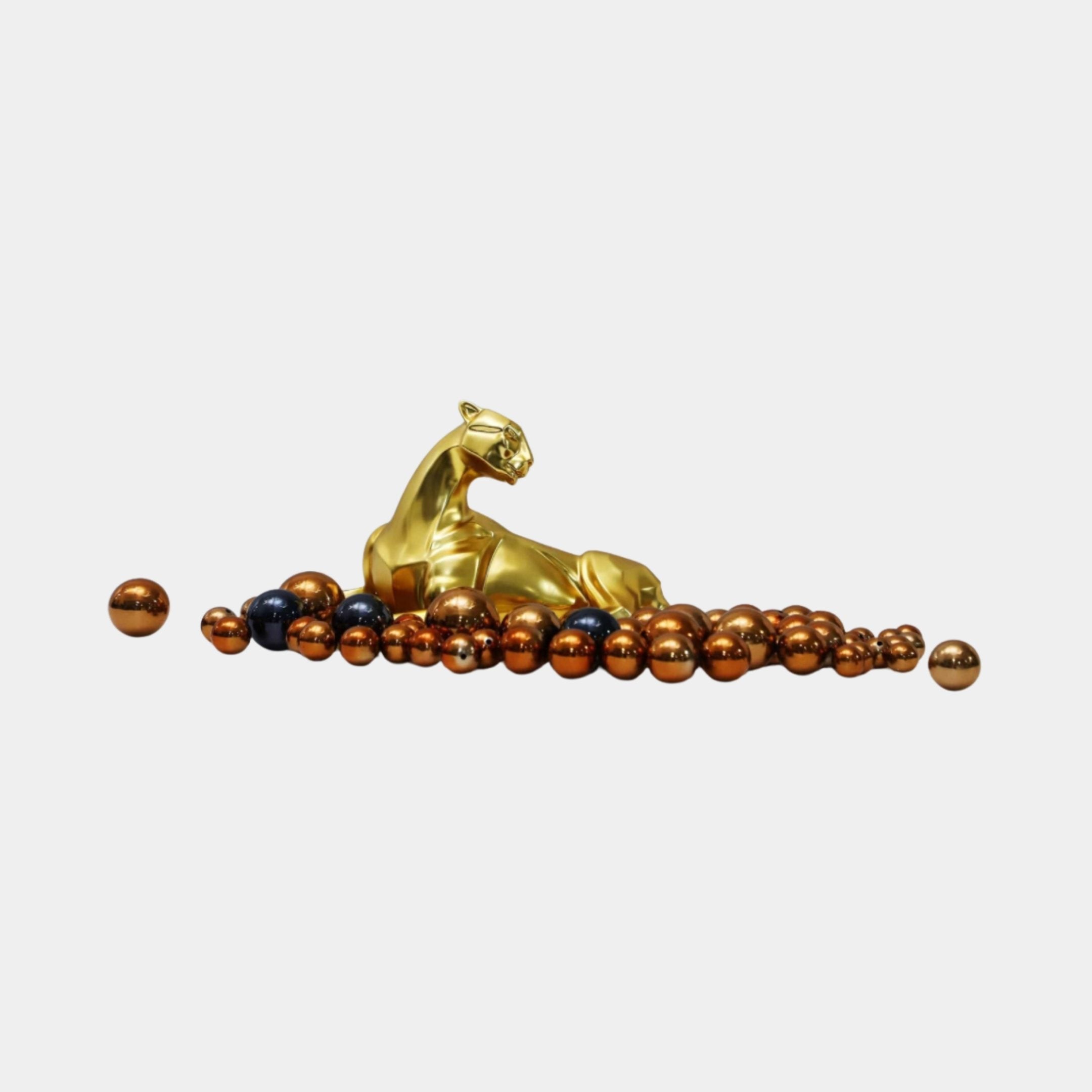 Gold Prowling Panther with Sphere Chain Stainless Steel Sculpture - 50cm