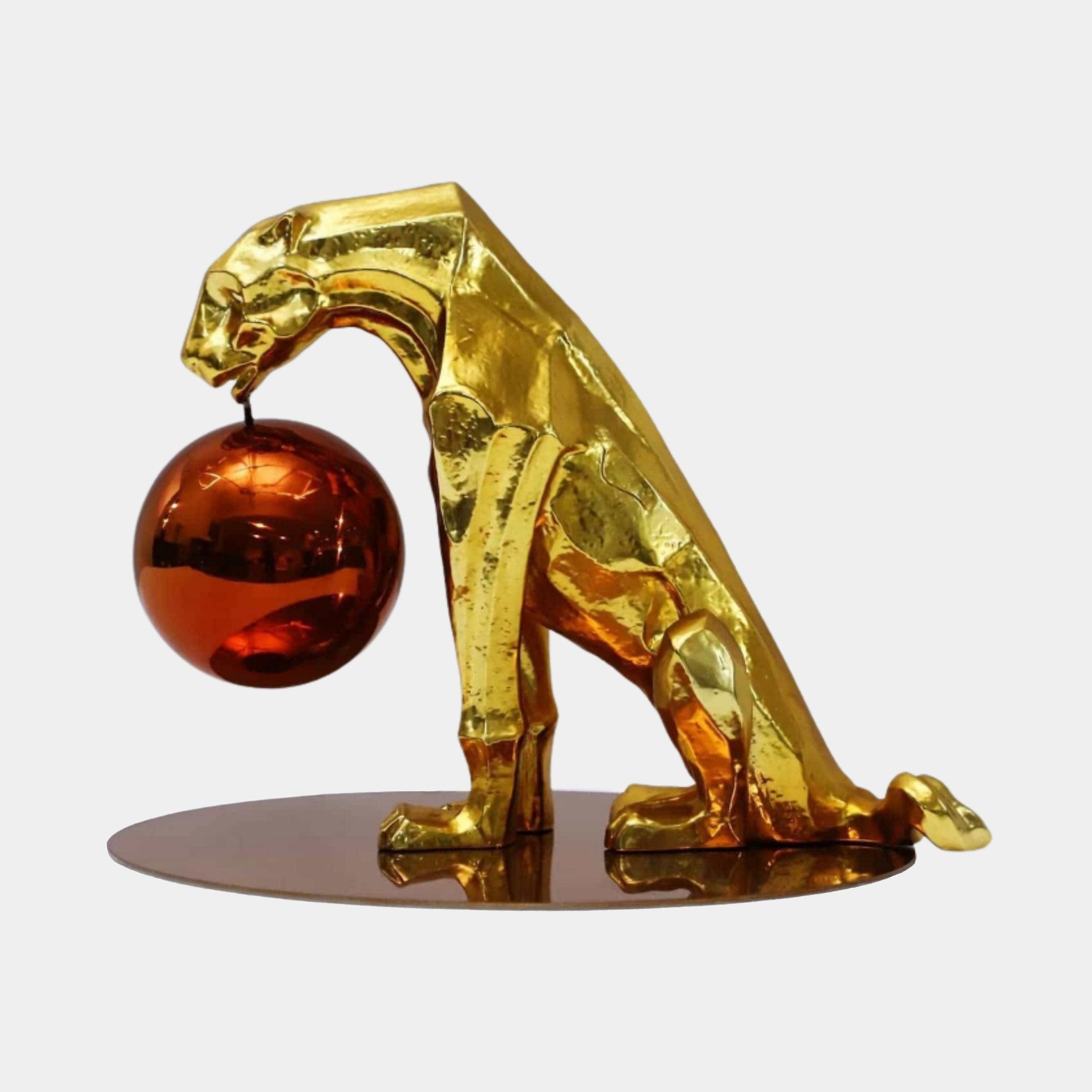 Gold Polished Leaping Panther with Amber Sphere Stainless Steel Sculpture - 45cm