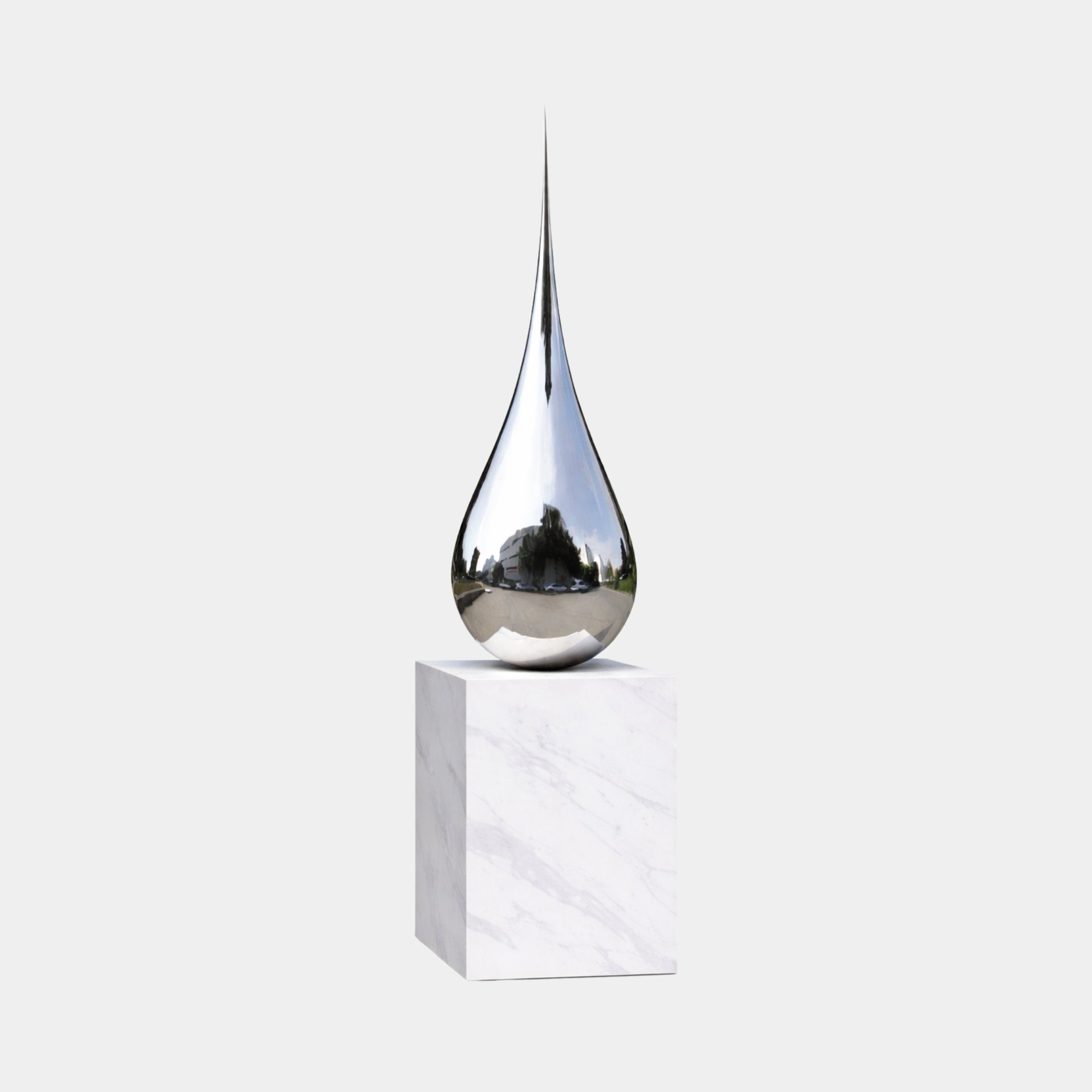 Silver Polished Teardrop on Marble Base Stainless Steel Sculpture - 265cm