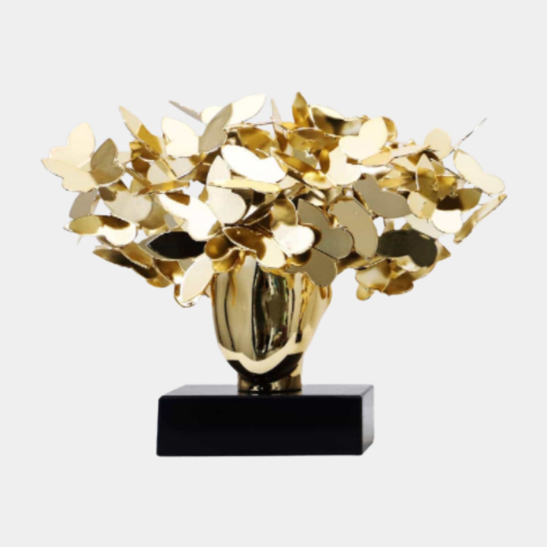Gold Abstract Butterfly Bouquet on Black Base Stainless Steel Sculpture - 50cm