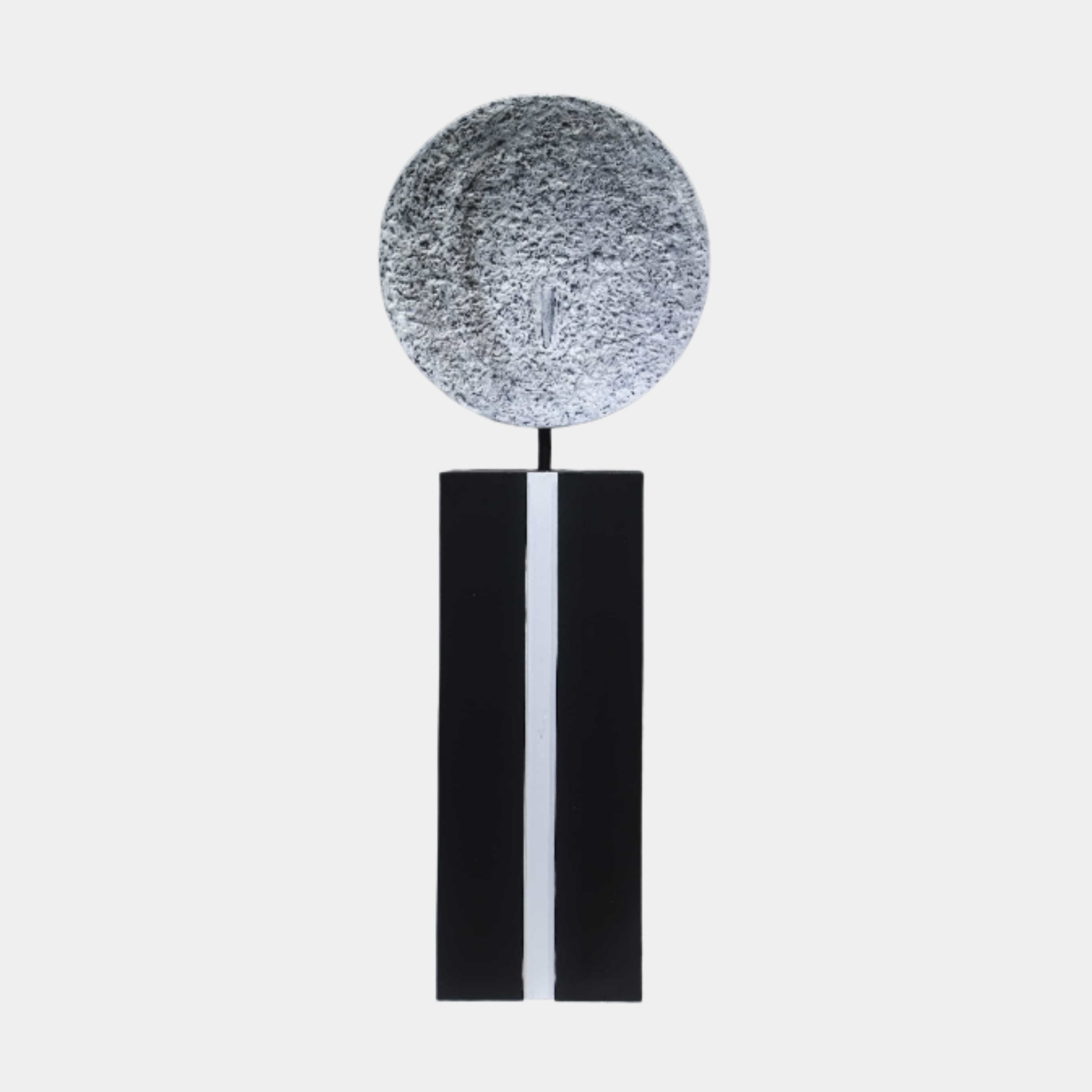 Grey and Black Textured Disc on Black Pillar Stainless Steel Sculpture - 133cm