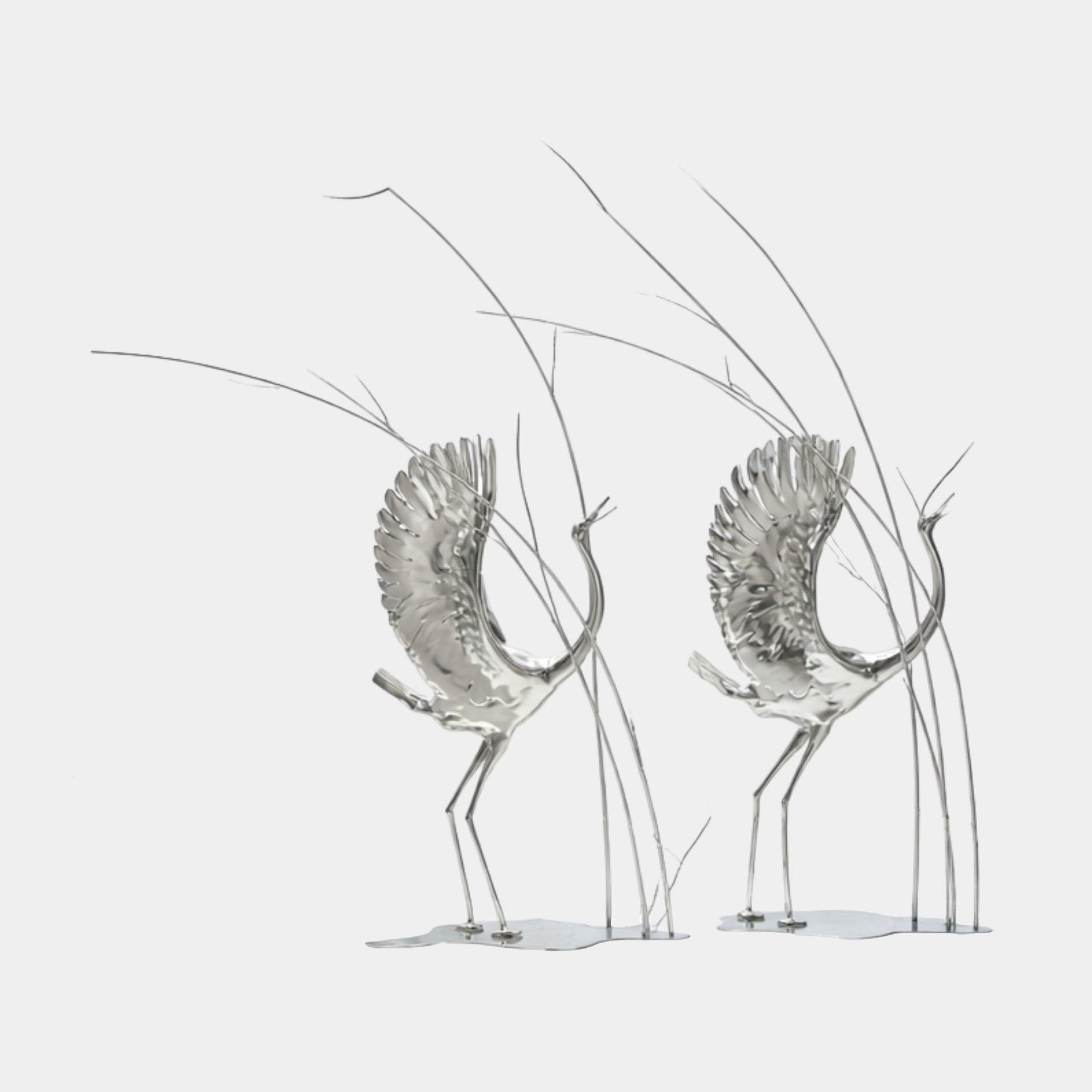 Silver Mirror-Polished Abstract Crane Figures Metal Sculpture - 163cm
