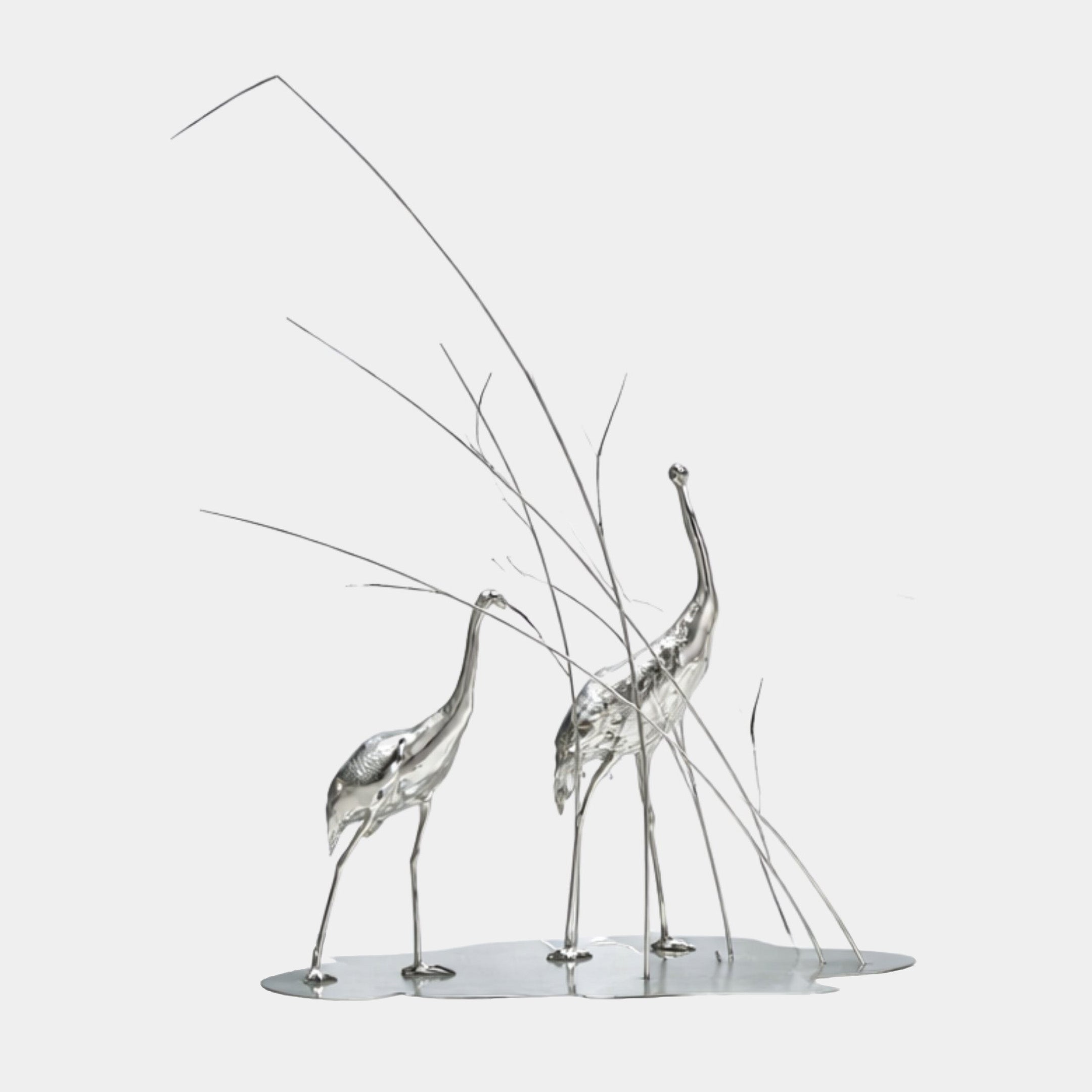 Silver Mirror-Polished Abstract Duo Cranes Metal Sculpture - 179cm