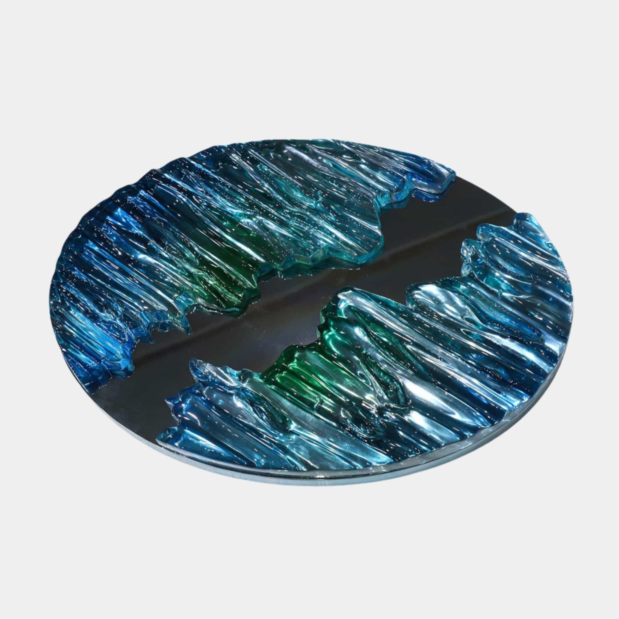 Blue and Green Iridescent Round Disc Stainless Steel Sculpture - 56cm