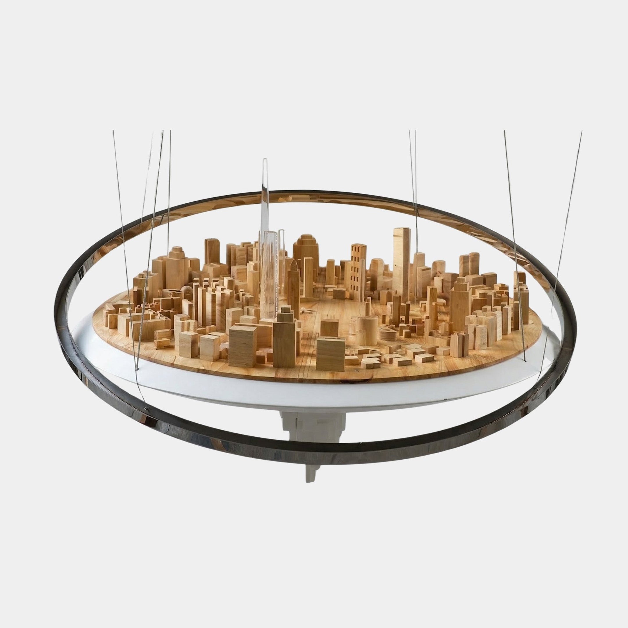 Brown and Silver Wood City Skyline in Oval Frame Sculpture - 100cm