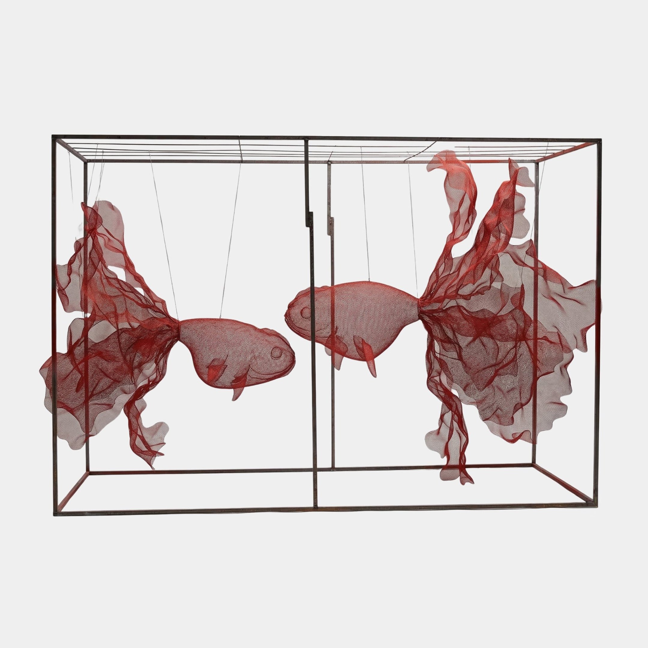 Red Fish in a Metal Frame Sculpture - 116/187cm