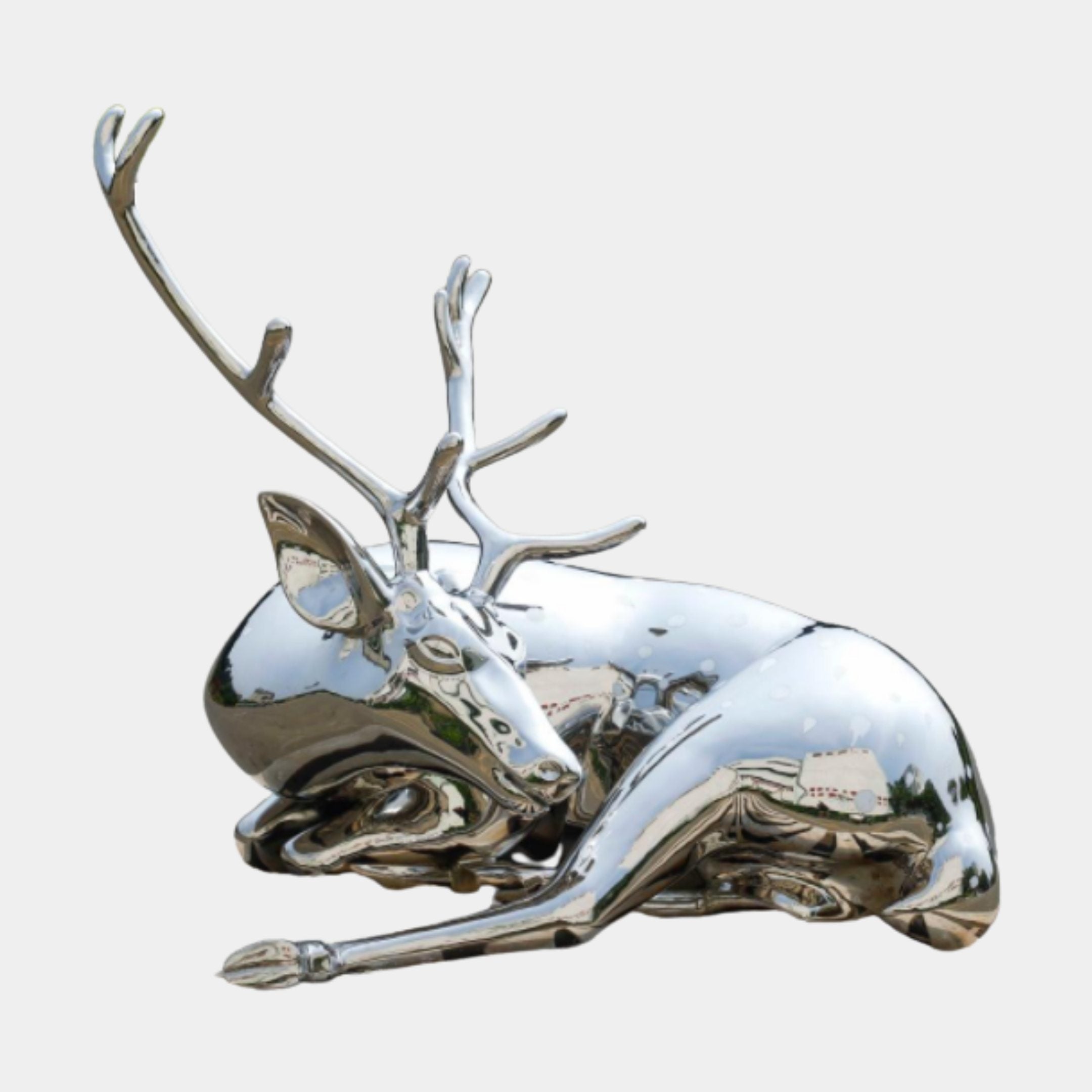 Silver Mirror-Polished Reclining Deer Stainless Steel Sculpture - 113cm