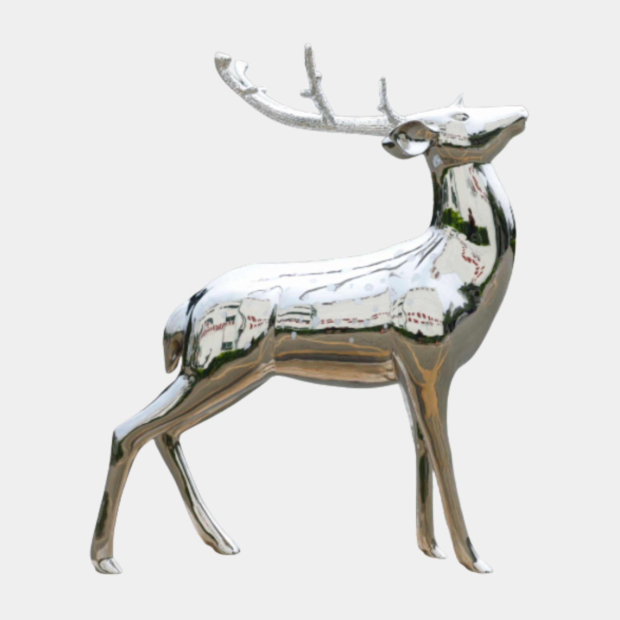 Silver Mirror-Polished Stag Stainless Steel Sculpture - 170cm
