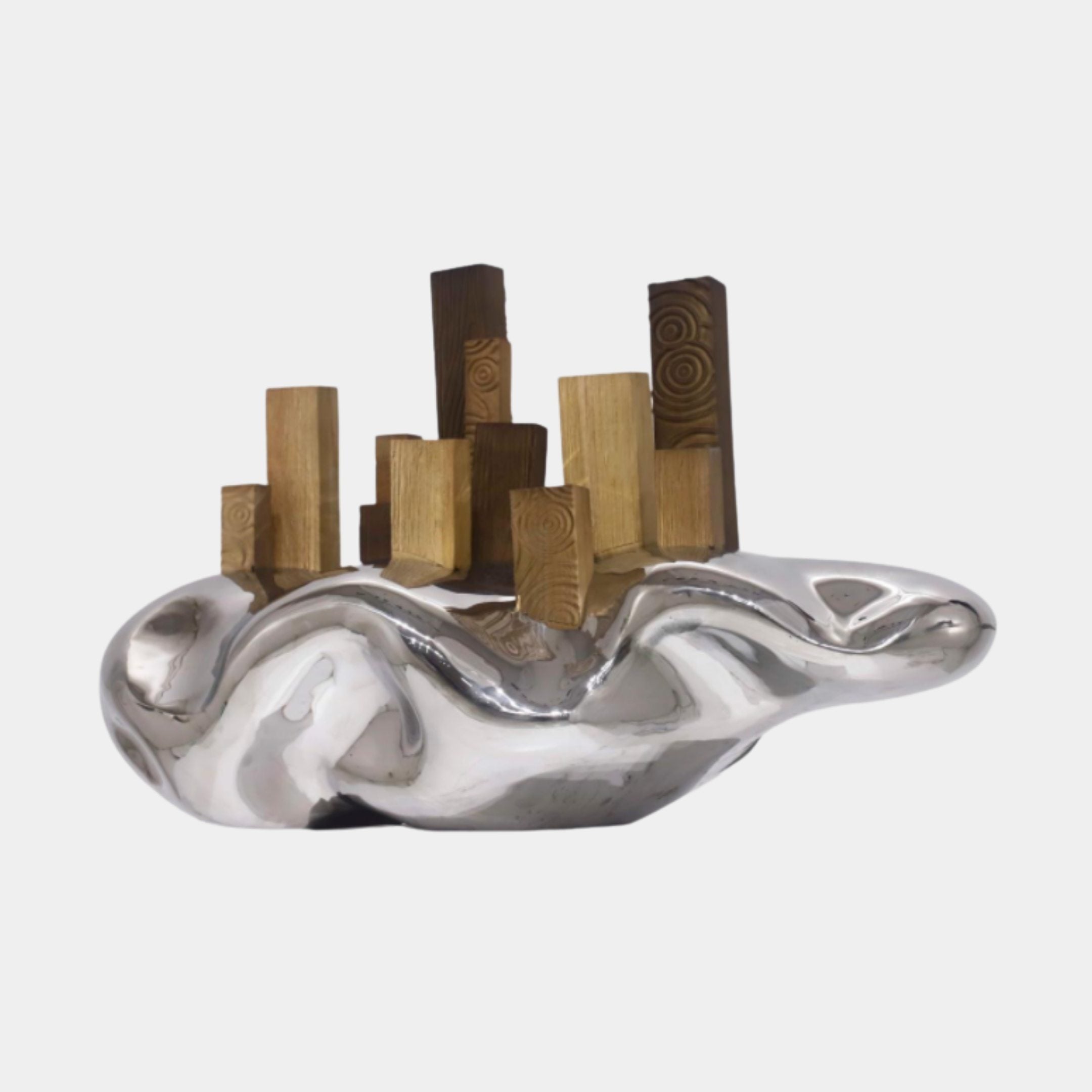 Silver Abstract Cityscape with Wooden Towers Stainless Steel Sculpture - 80cm