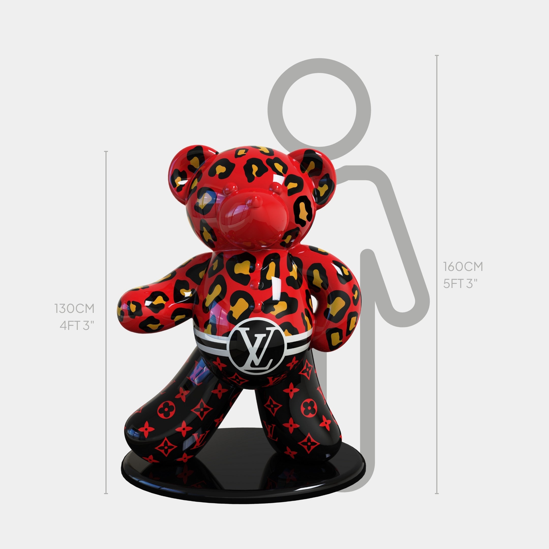 The Gacko Red Feline Bear Sculpture - 130cm by Giant Sculptures is a bold pop art piece with leopard print and Louis Vuitton motifs, displayed on a black base next to a 160 cm illustrated human for scale.