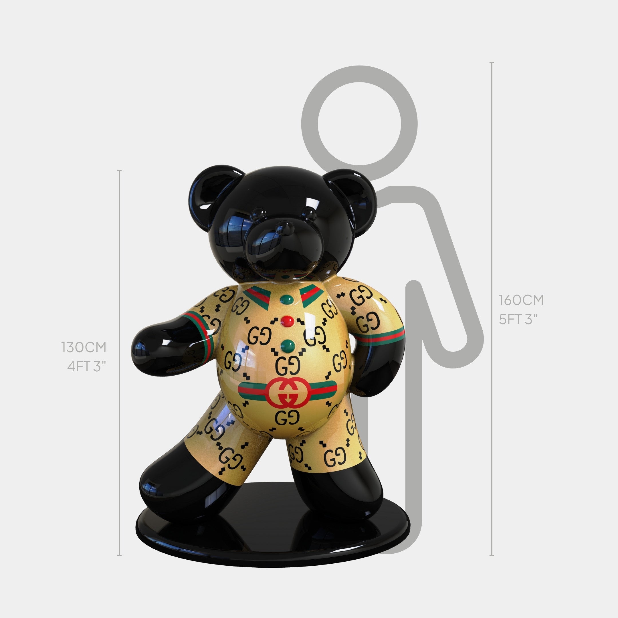 The Gacko Gucci Bear Sculpture by Giant Sculptures stands 130 cm tall beside a grey outlined figure, bringing pop art style and unique luxury to any modern home decor.