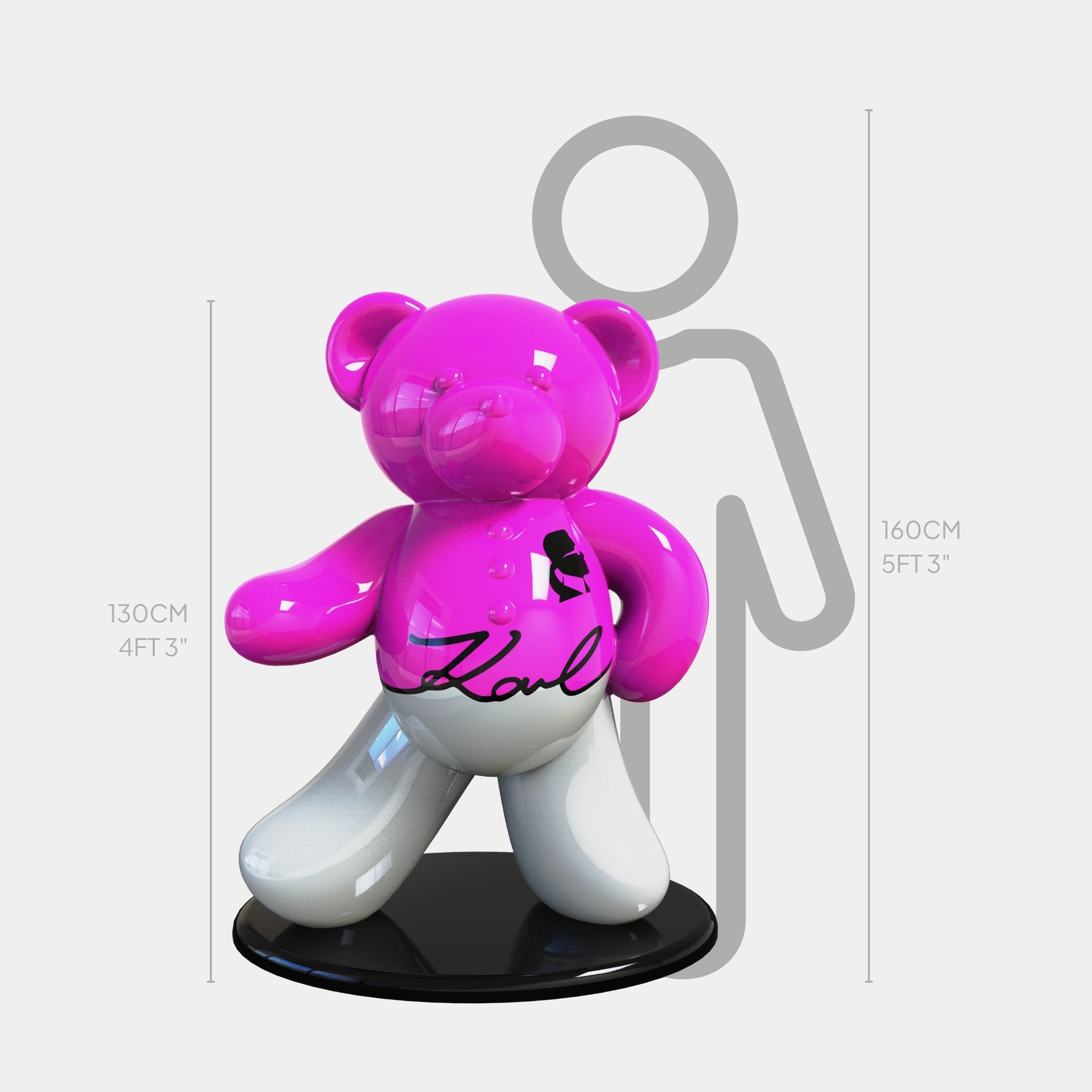 The Gacko Karl Bear Sculpture - 130cm by Giant Sculptures is a shiny pink and white pop art bear with a black chest signature, standing on a black base. A gray human silhouette in the background emphasizes its impressive height.
