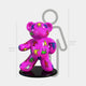 The Gacko Keith Haring Pink Bear Sculpture by Giant Sculptures stands 130cm tall, featuring colorful abstract figures on a shiny pink surface and a black base—perfect for modern spaces. Shown next to a 160cm outline for scale.