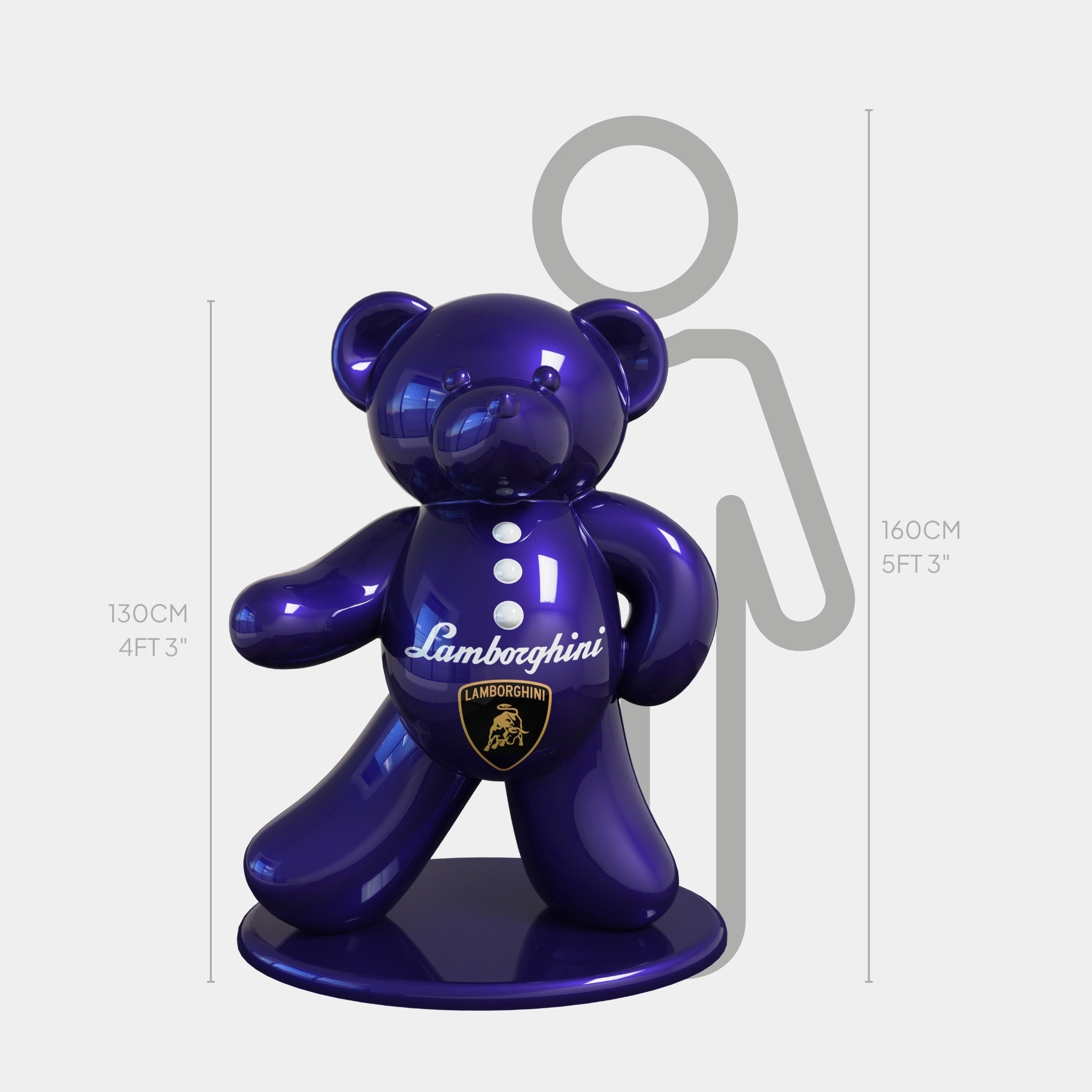 The Gacko Purple Lamborghini Bear Sculpture by Giant Sculptures is a 130cm tall pop art piece with iconic Lamborghini branding, shown next to a 160cm human for scale. This limited edition artwork features the logo on its chest.