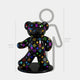 The Gacko Multicoloured LV Bear Sculpture by Giant Sculptures is a glossy black pop art bear with colorful Louis Vuitton logos, measuring 130 cm tall on a black base, shown for scale beside a 160 cm gray human figure.
