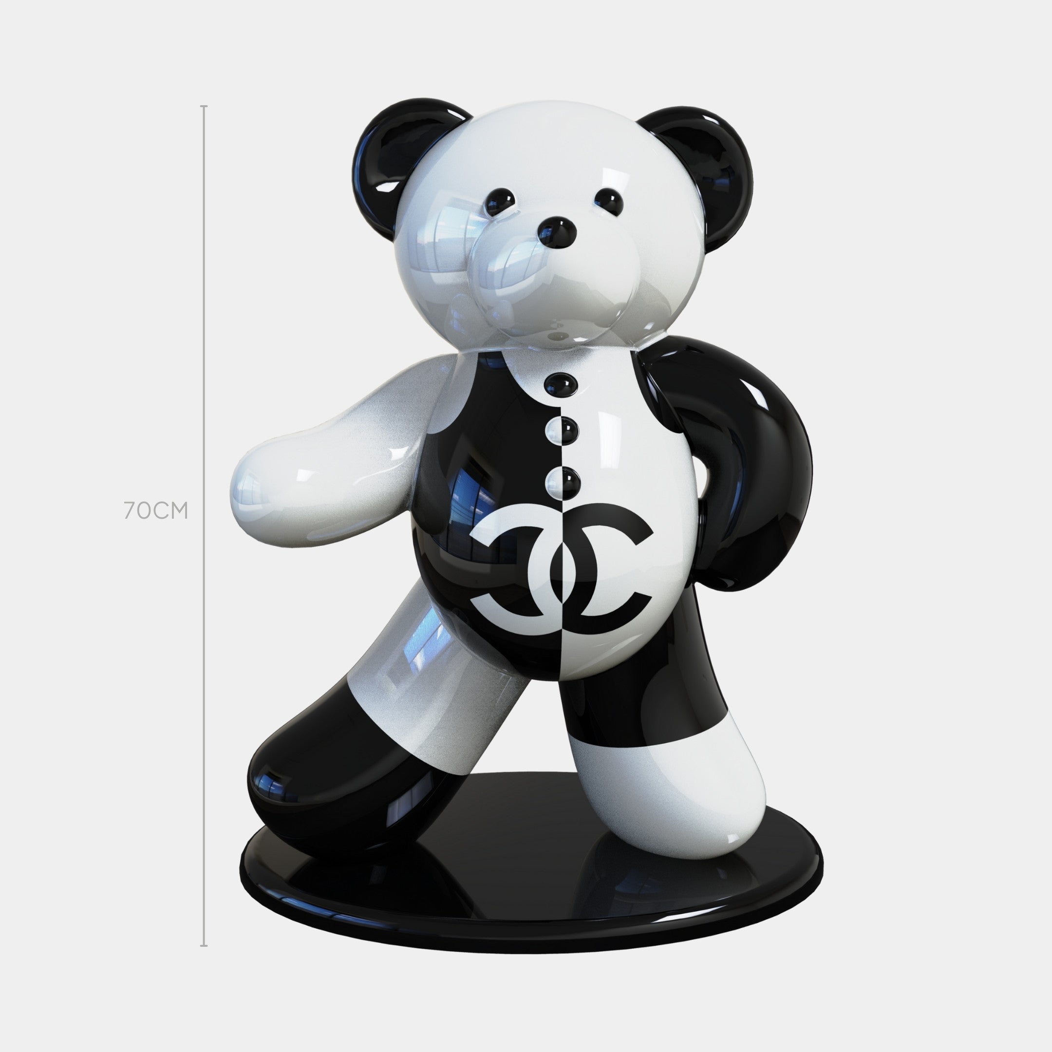 The Gacko Channel Bear Sculpture - 70cm by Giant Sculptures features a glossy black-and-white split-color design, an interlocking CC logo, and stands on a round base—perfect for fashion-inspired home decor.