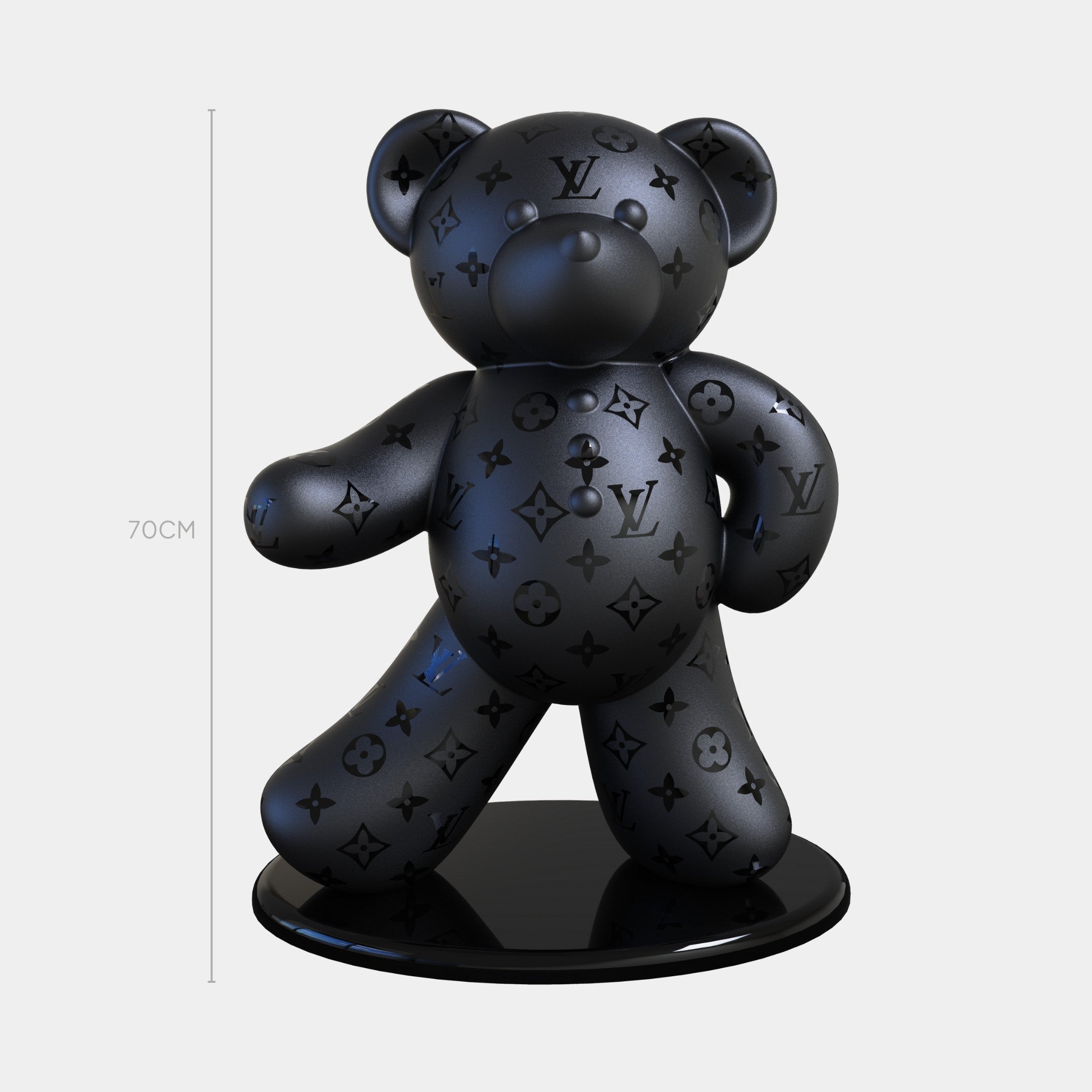 The Gacko Black LV Bear Sculpture - 70cm by Giant Sculptures features a glossy black finish with Louis Vuitton monogram details, standing on a round black base—a bold pop art piece displayed against a plain background.