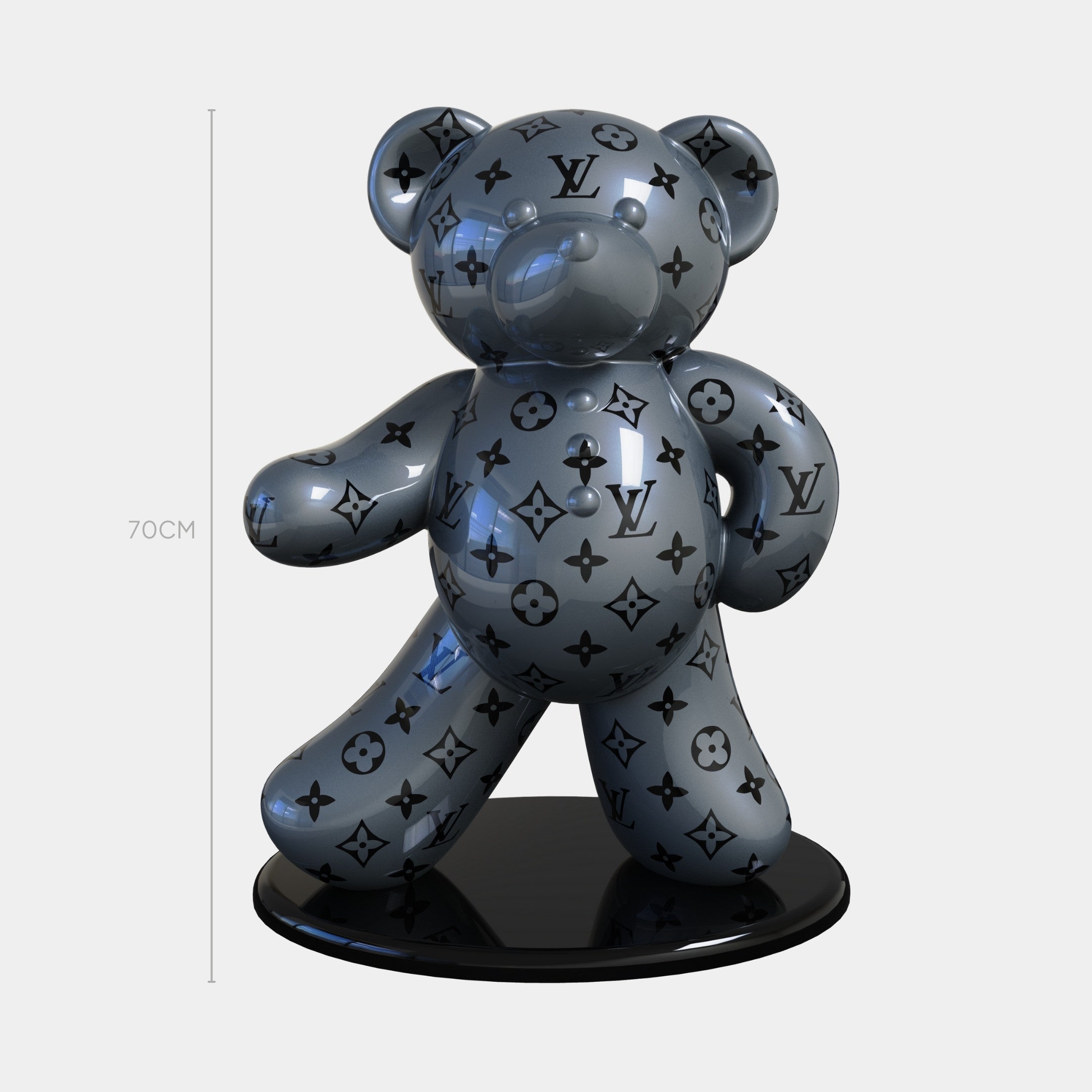 The Gacko Grey LV Bear Sculpture - 70cm by Giant Sculptures is a small silver bear with black letters, perfect for adding luxury-inspired decor to any space.