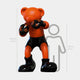 The Gacko Orange LV Boxer Bear Sculpture - 200cm by Giant Sculptures, a limited edition pop art piece with black boxing gloves and shorts, stands next to a chart comparing its height to an average person's 150 cm.