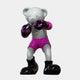 The Gacko Pink LV Boxer Bear Sculpture - 80cm by Giant Sculptures features a glossy, silver bear in pink boxing shorts and designer gloves, posed to box. This limited edition pop art piece stands out against a plain white backdrop.