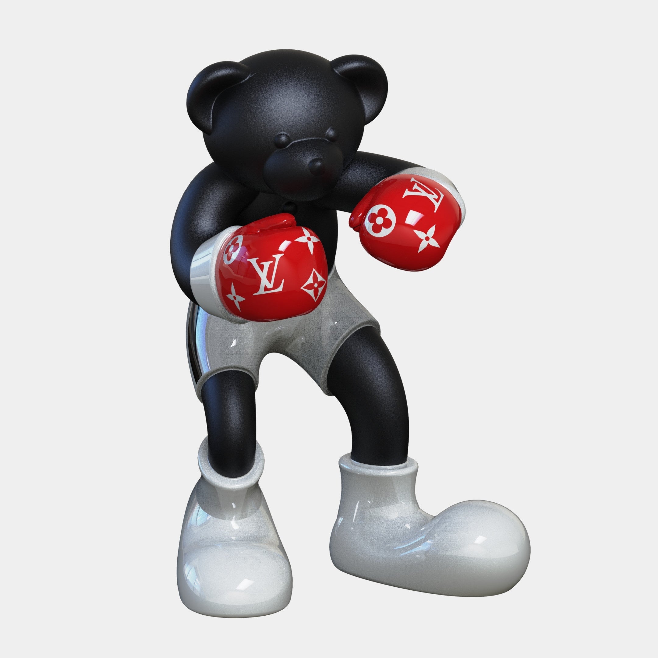 The Gacko Black & Red LV Boxer Bear Sculpture by Giant Sculptures is a 200cm pop art piece featuring a black teddy bear with red boxing gloves, Louis Vuitton logo, white shorts, and oversized white shoes in a boxing pose on a white background.