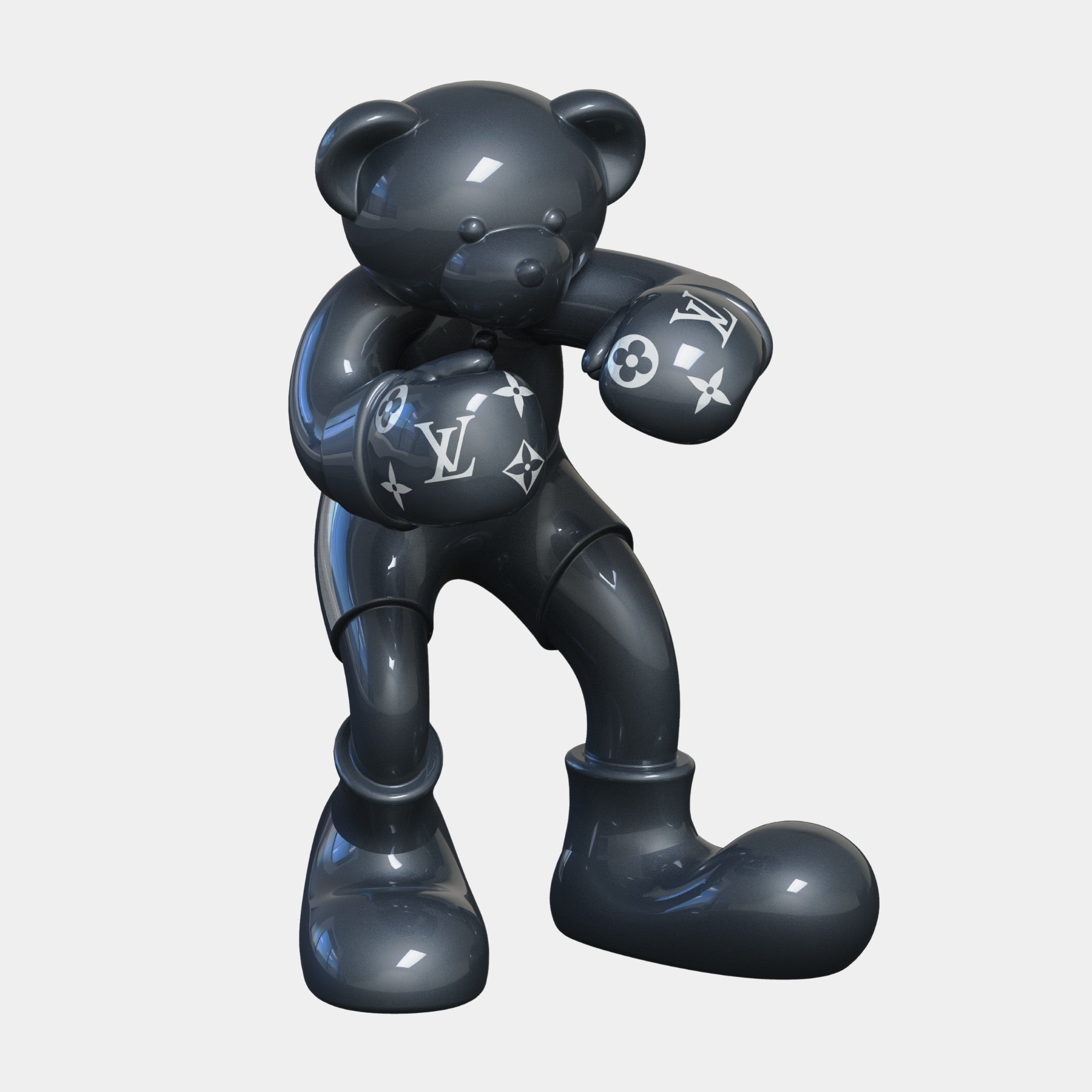 The Gacko Grey LV Boxer Bear Sculpture - 200cm by Giant Sculptures is a glossy dark gray pop art bear with bent limbs and oversized LV-inspired boxing gloves—a striking limited edition for modern spaces.