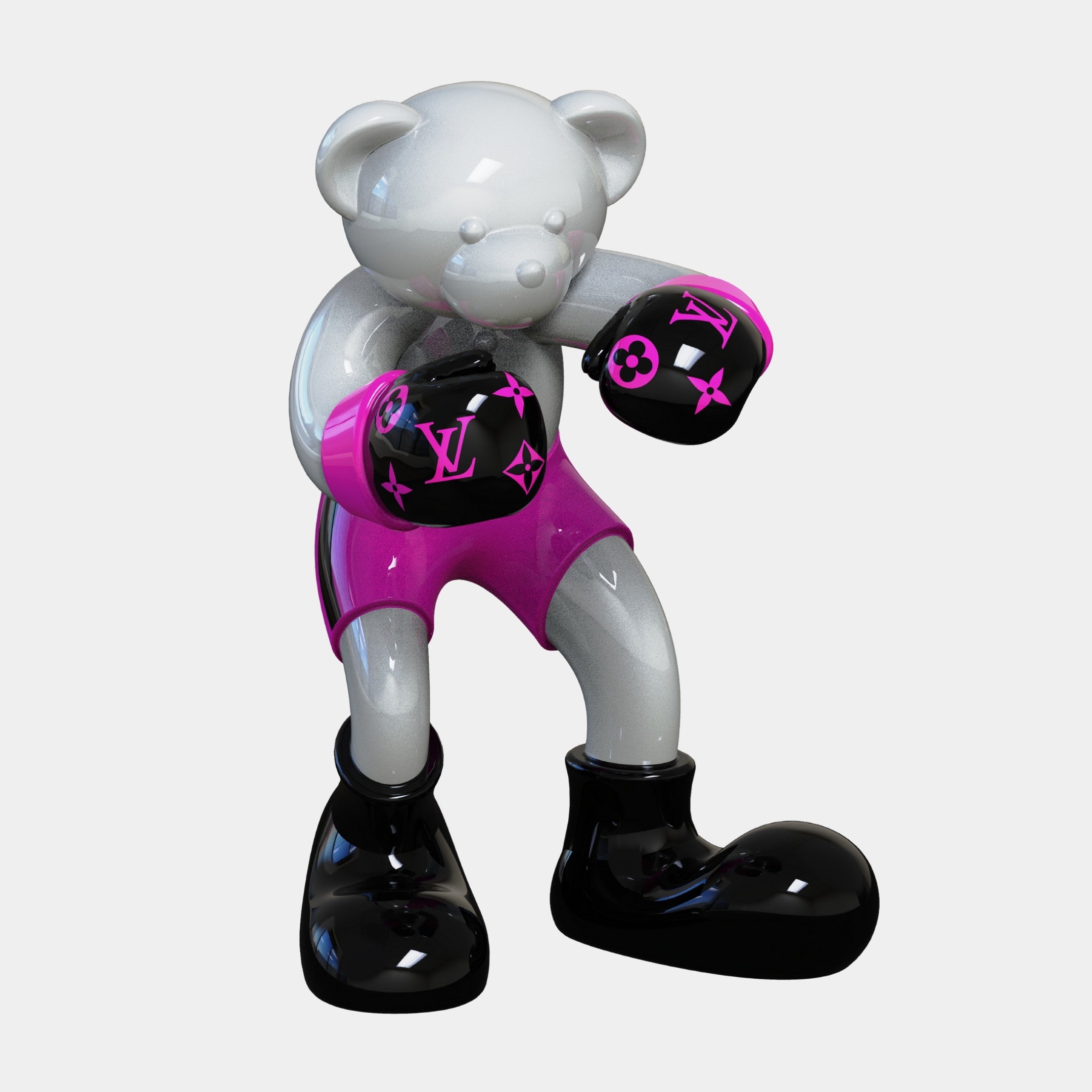 The Gacko Pink LV Boxer Bear Sculpture - 200cm by Giant Sculptures is a limited edition pop art piece featuring a pink bear in boxing shorts, black boots, and black and pink Louis Vuitton gloves—a truly unique collectible.