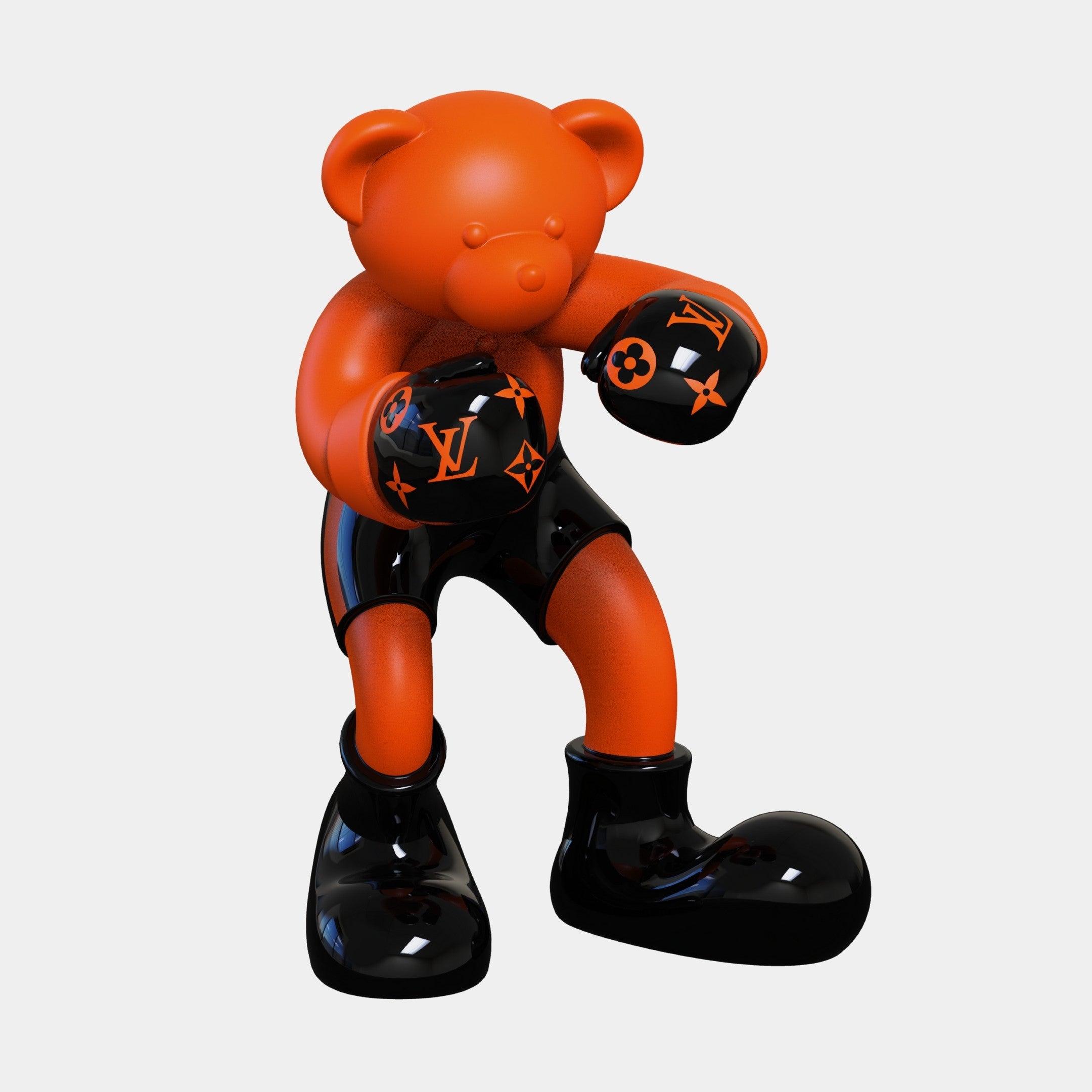 The Gacko Orange LV Boxer Bear Sculpture - 200cm by Giant Sculptures is a limited-edition pop art piece, featuring a bear in a boxing pose with black gloves and boots adorned with the orange Louis Vuitton logo on a plain background.