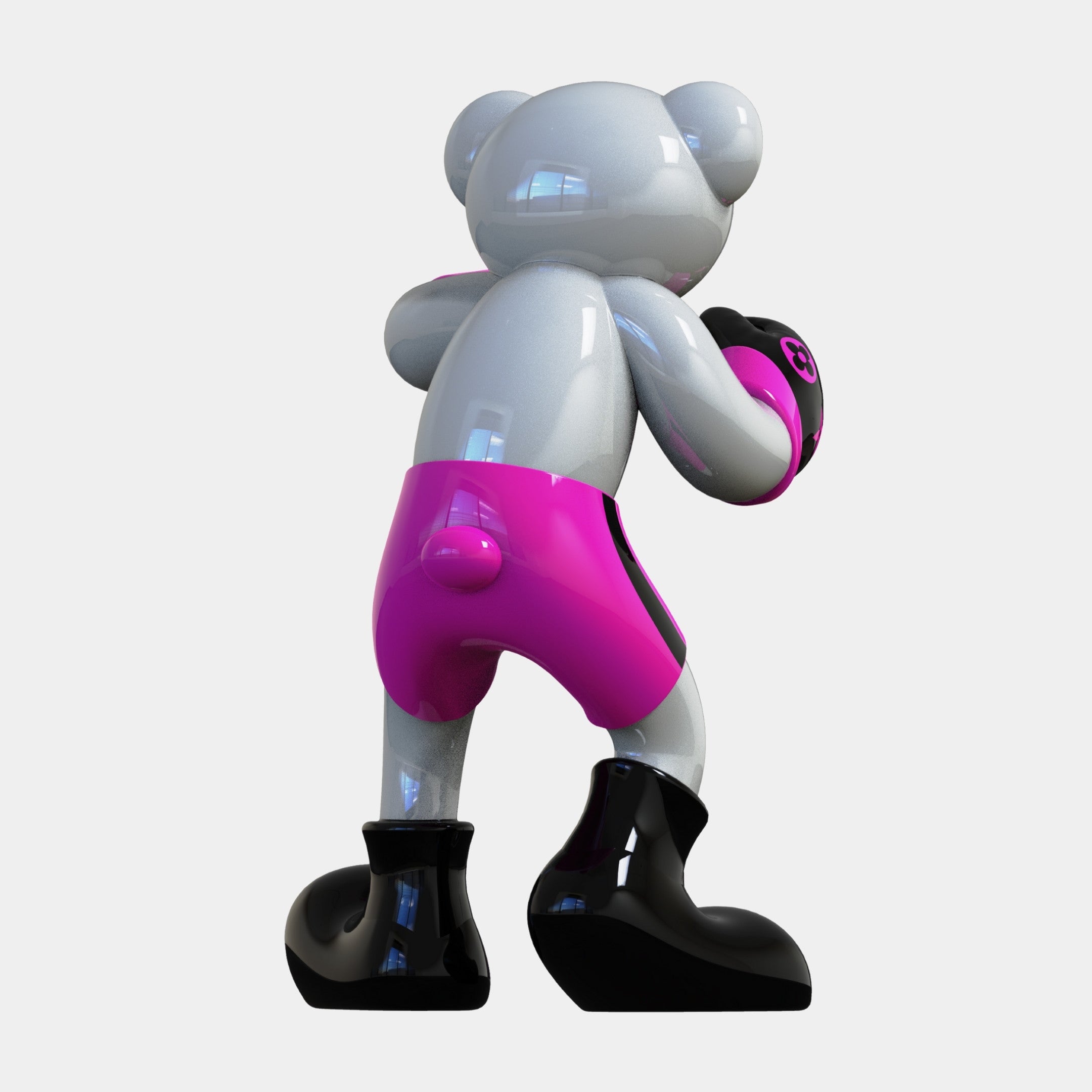 The Gacko Pink LV Boxer Bear Sculpture - 200cm by Giant Sculptures features a glossy, stylized bear in pink shorts, black boots, and pink gloves posed for boxing, facing away against a plain white background—a bold pop art piece.
