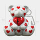 The Gacko Banksy Love Bear Sculpture by Giant Sculptures is a large white bear covered in red hearts, holding a red heart with a girl and balloon design. This pop art piece stands 160cm tall (5 ft 3 in), shown with a human outline for scale.