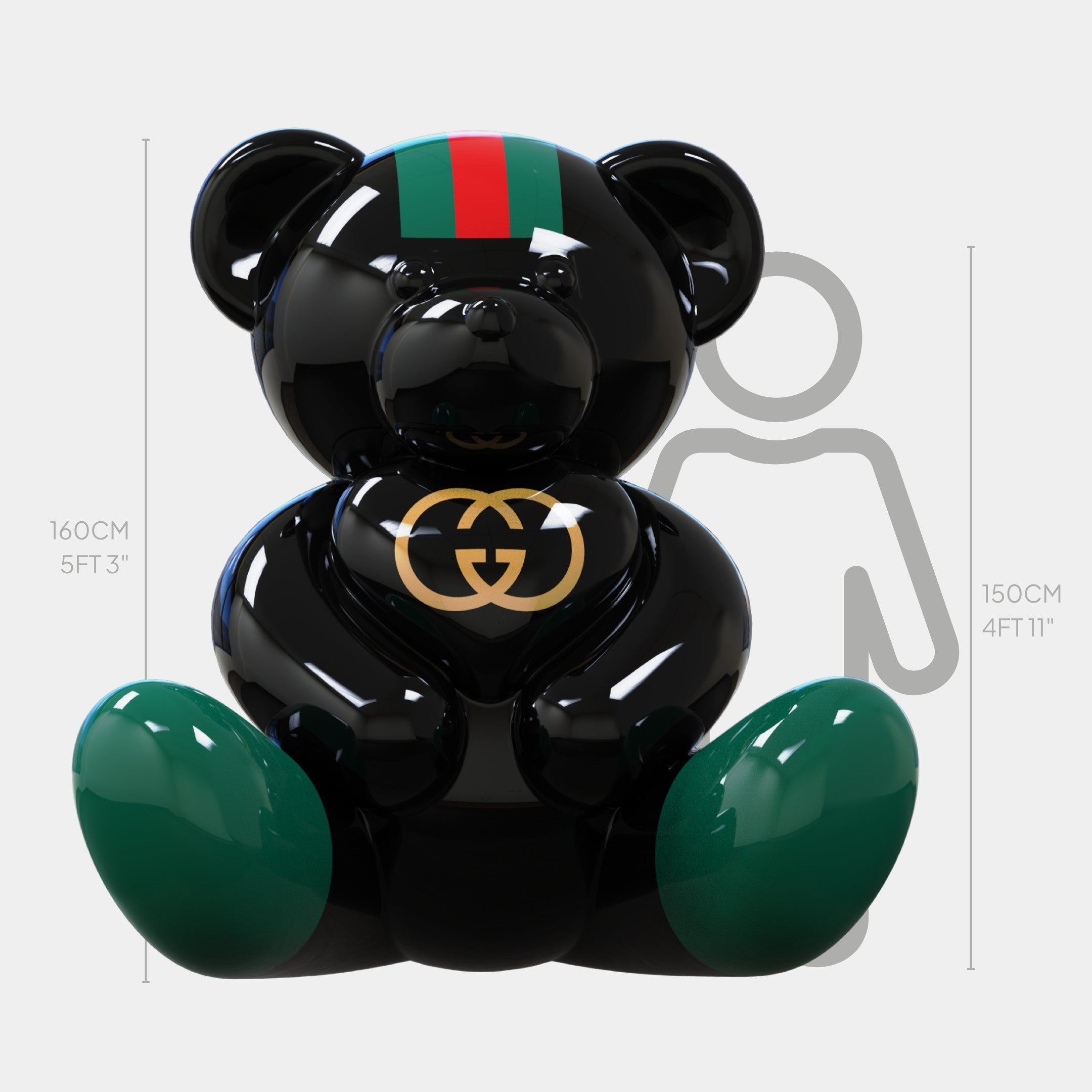 The Gacko Gucci Love Bear Sculpture - 160cm by Giant Sculptures features a glossy black finish, green and red head stripes, a gold interlocking G logo on the chest, green feet, and stands next to a 150cm outline.