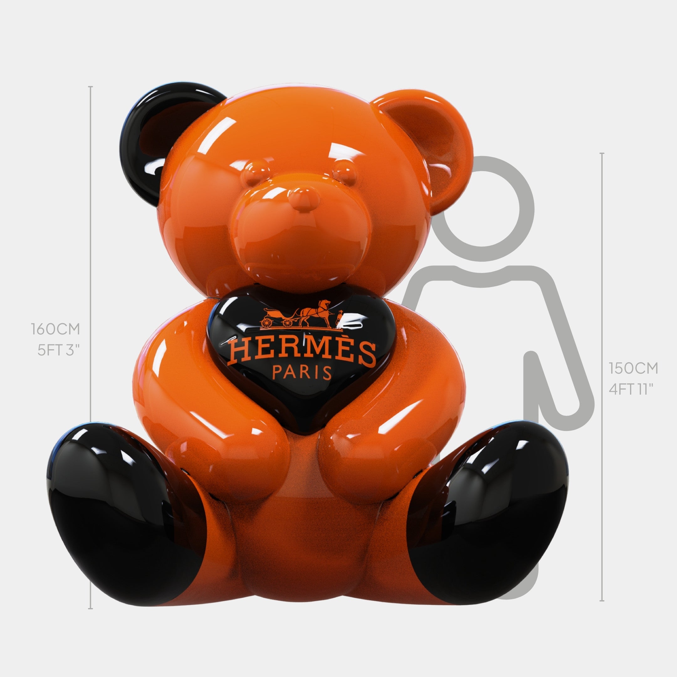 The Gacko Hermes Love Bear Sculpture - 160cm by Giant Sculptures features a shiny orange and black bear holding a heart labeled "Hermès Paris." A gray outline shows this luxury pop art piece stands 160 cm, slightly taller than an average person.