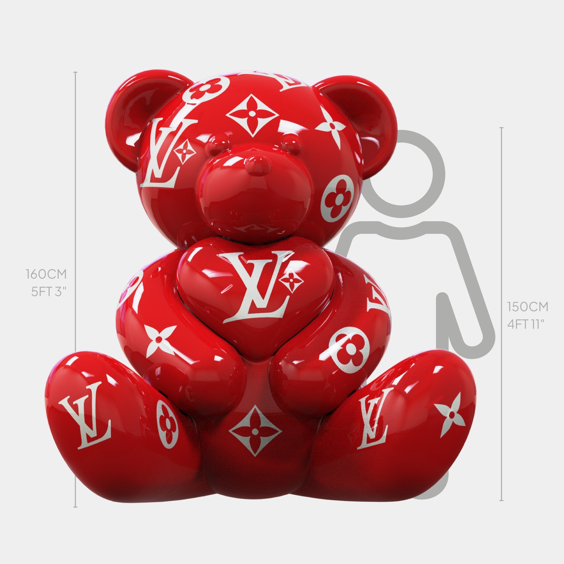 The Gacko Red LV Love Bear Sculpture - 160cm by Giant Sculptures features a glossy red bear with white Louis Vuitton logos. It’s displayed before a height chart with a gray human outline behind it for visual scale comparison.