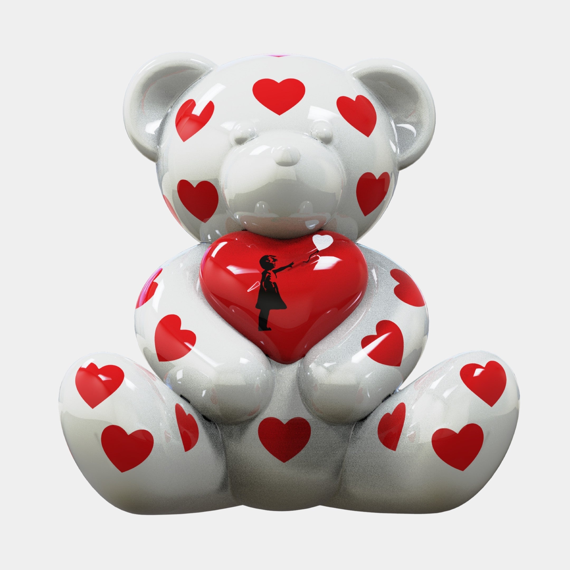 The Gacko Banksy Love Bear Sculpture by Giant Sculptures is an 80cm glossy white teddy bear with red hearts, holding a red heart featuring a girl releasing a heart-shaped balloon—a playful collectible pop art piece.