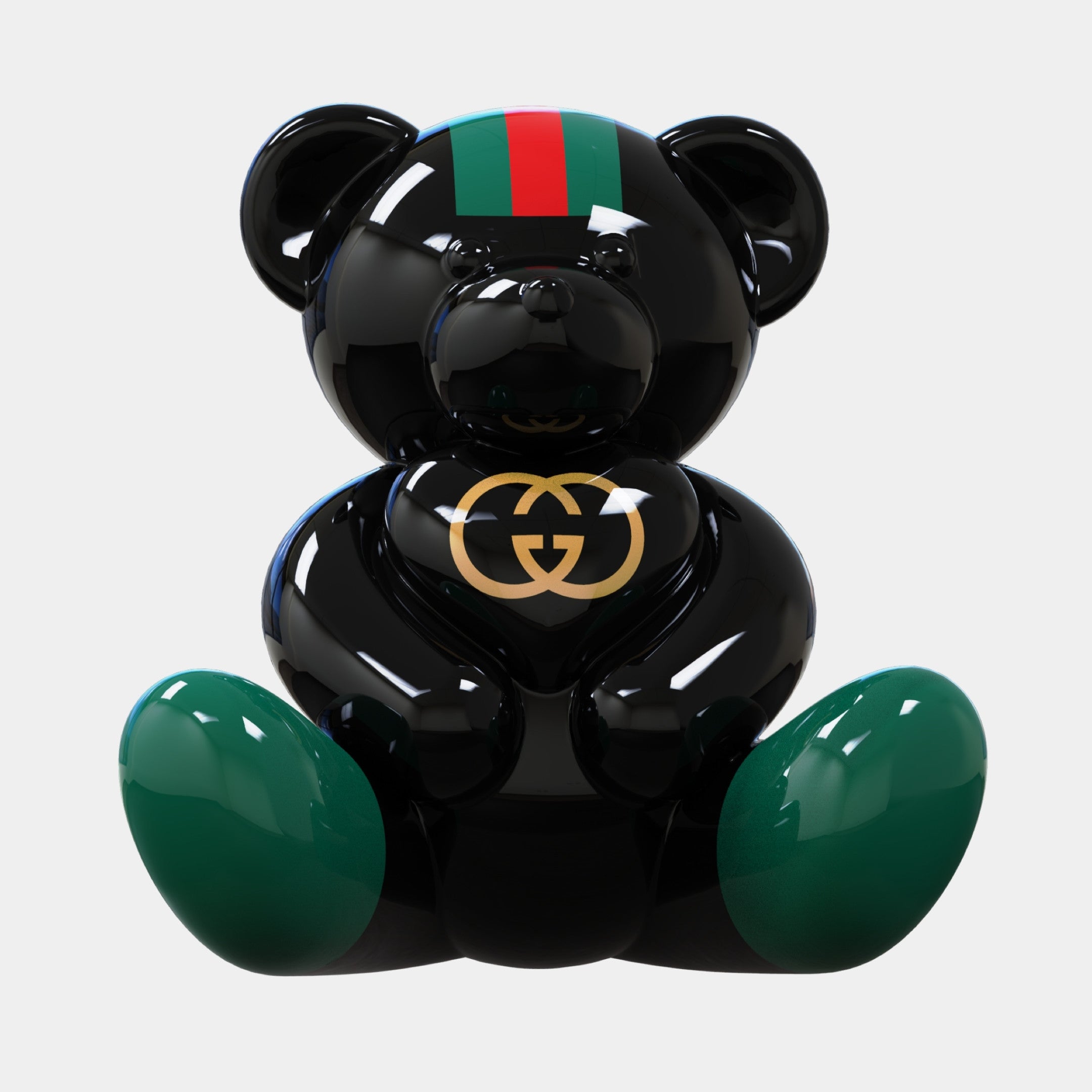 The Gacko Gucci Love Bear Sculpture - 80cm by Giant Sculptures is a glossy black collectible with green/red head stripes, green paws, and a gold GG logo on its chest—perfect for luxury interior decor.