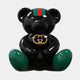 The Gacko Gucci Love Bear Sculpture - 80cm by Giant Sculptures is a glossy black collectible with green/red head stripes, green paws, and a gold GG logo on its chest—perfect for luxury interior decor.