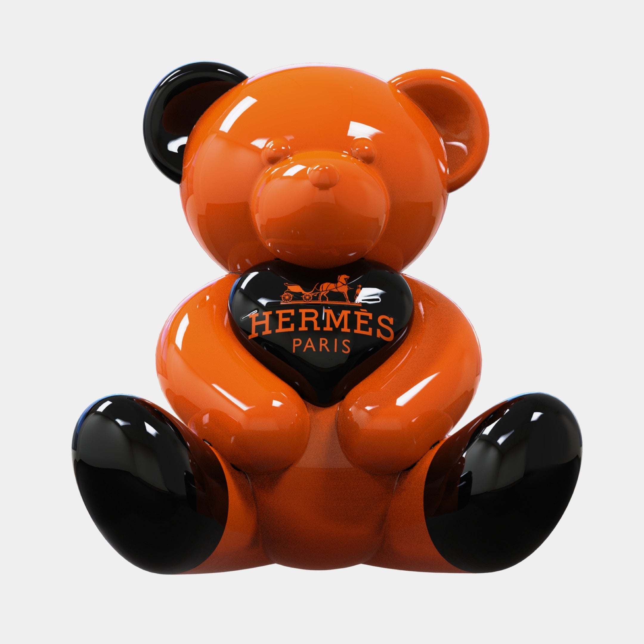 The Gacko Hermes Love Bear Sculpture - 80cm by Giant Sculptures features a glossy orange and black pop art design holding a black heart with the Hermès Paris logo in orange. This limited edition piece is truly eye-catching.