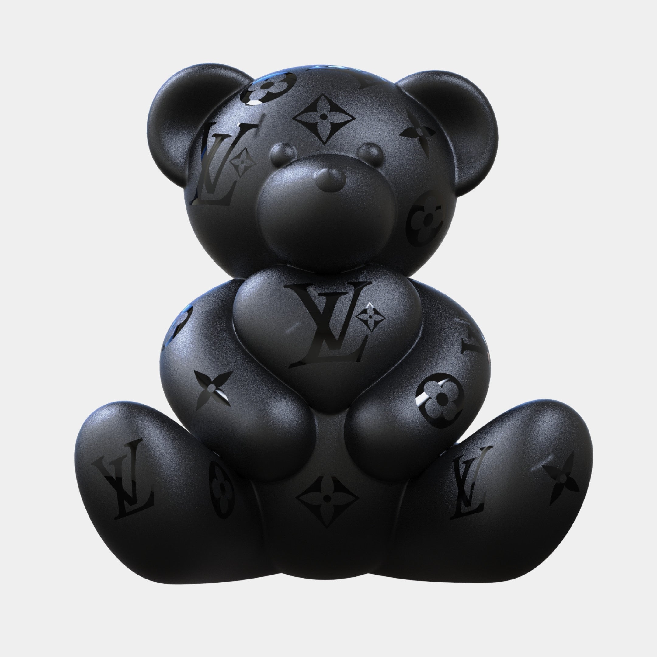 The Gacko Black LV Love Bear Sculpture - 80cm by Giant Sculptures features bold black letters on a sleek black bear, making it a striking limited edition collectible.