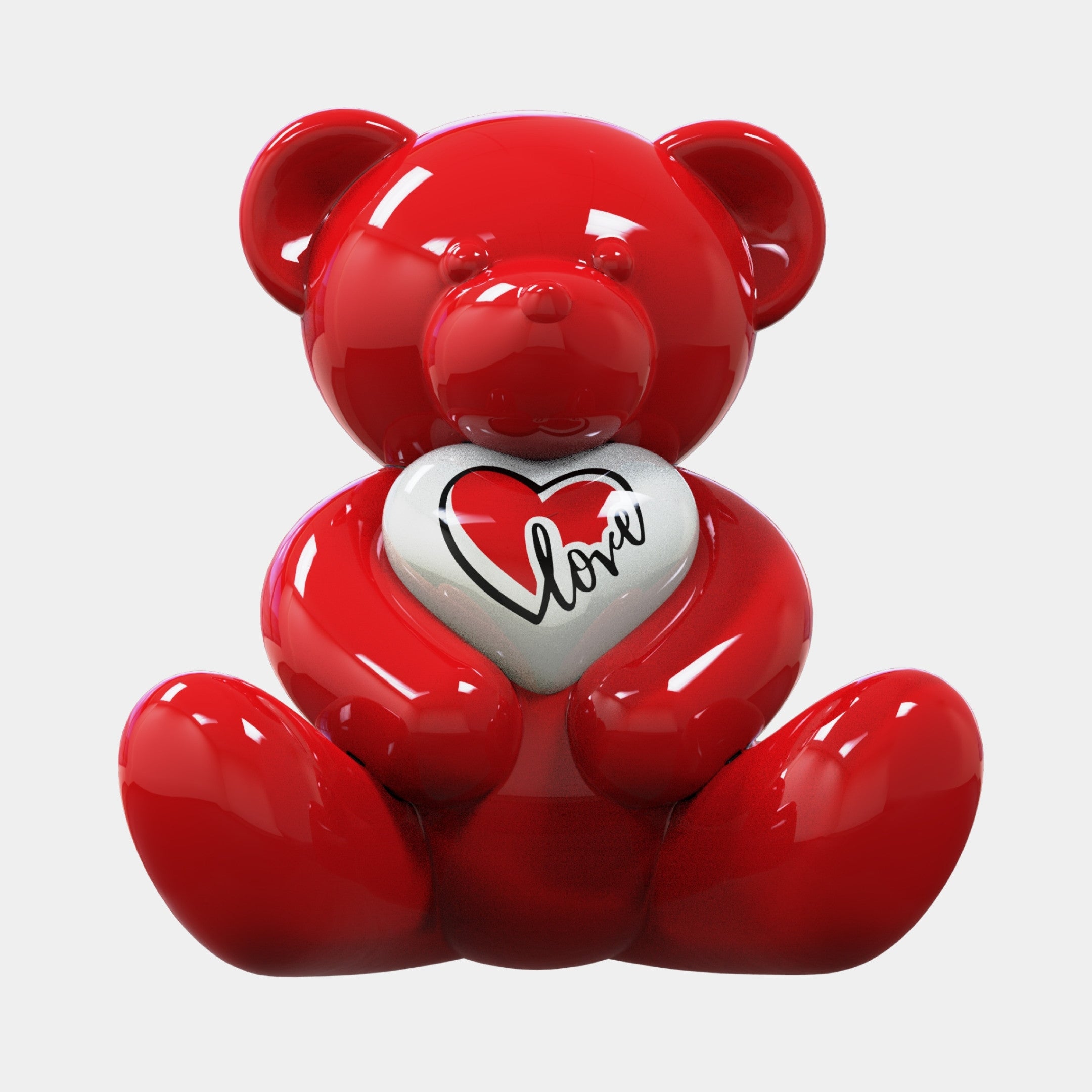 The Gacko Love Bear Sculpture - 80cm by Giant Sculptures features a shiny red bear inspired by Pop Art, holding a white heart with a red heart and "Love" in black cursive, sitting upright against a plain white background.